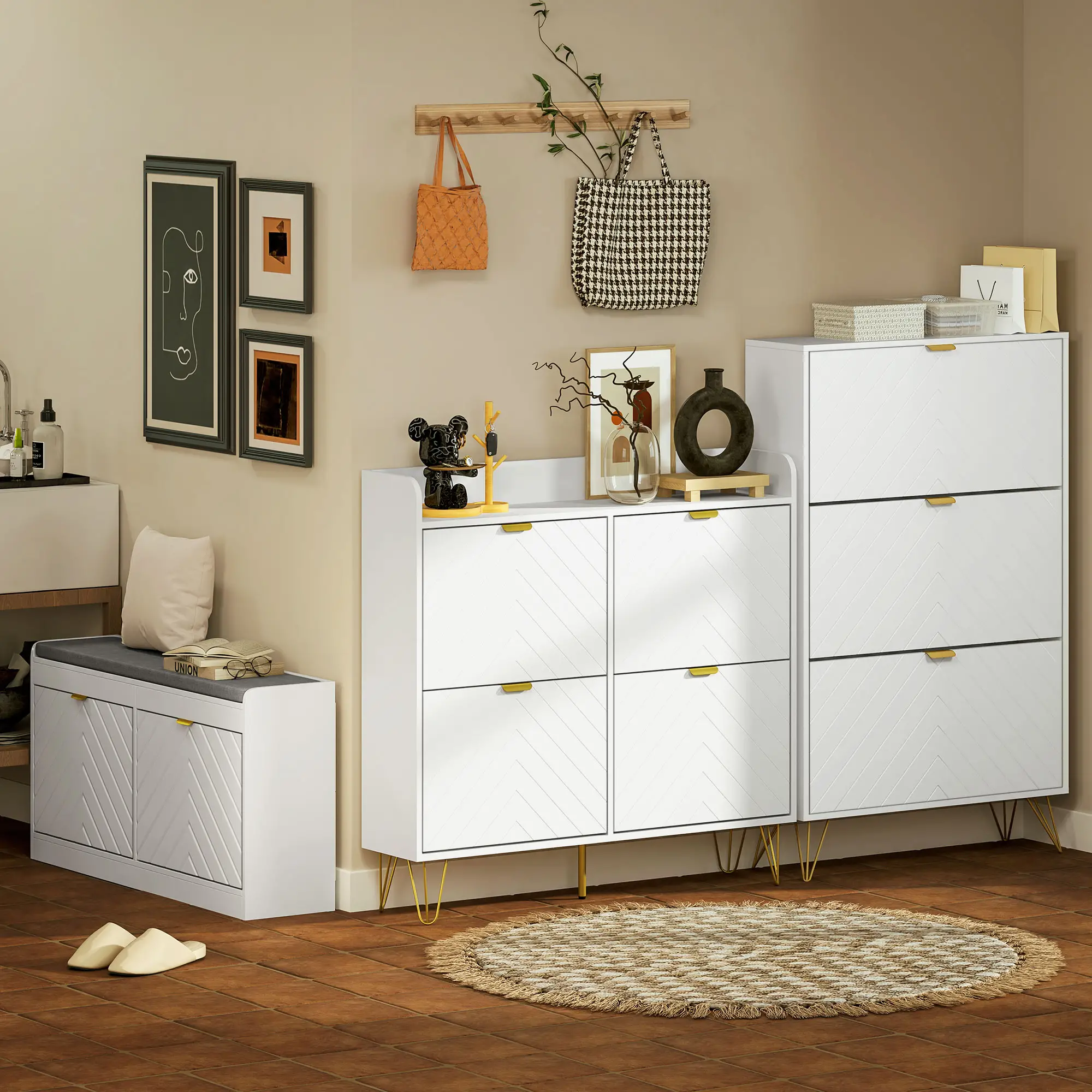 Modern Shoe Storage Cabinet, 3 Flip Drawers for 18 Pairs, Narrow, White - Image 10