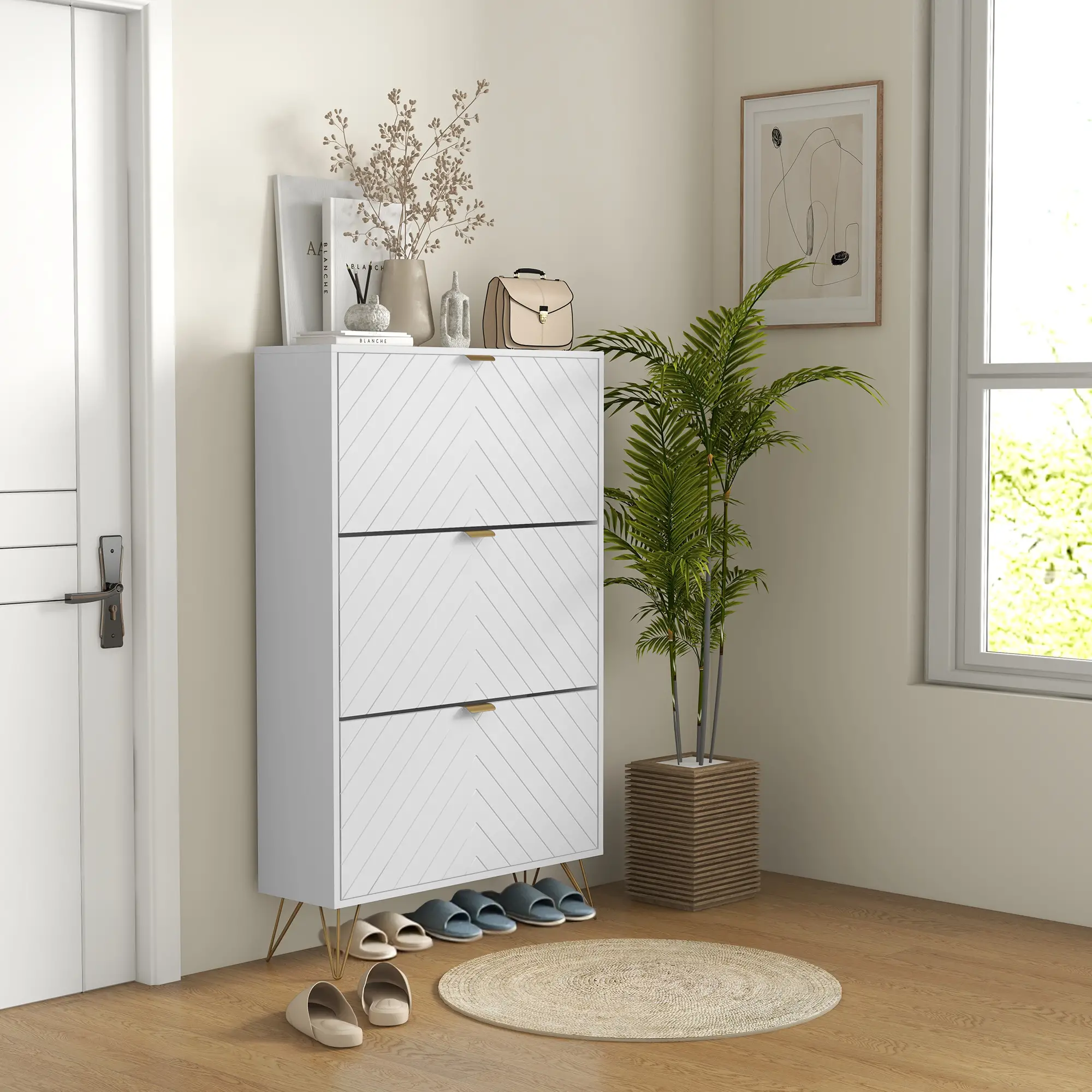 Modern Shoe Storage Cabinet, 3 Flip Drawers for 18 Pairs, Narrow, White - Image 2