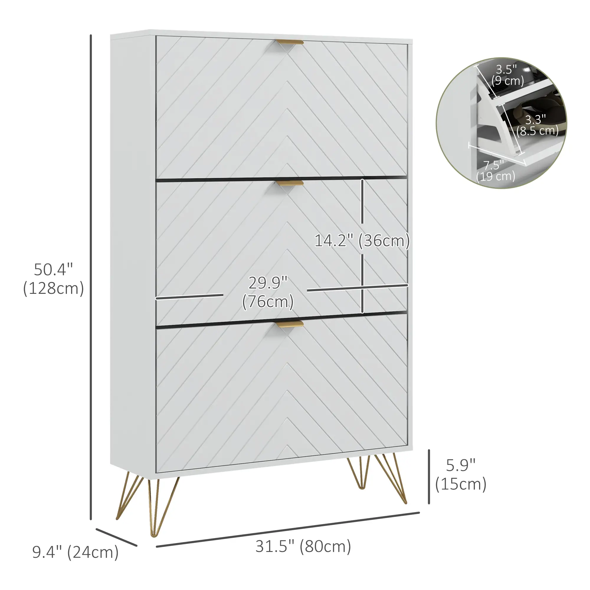 Modern Shoe Storage Cabinet, 3 Flip Drawers for 18 Pairs, Narrow, White - Image 3