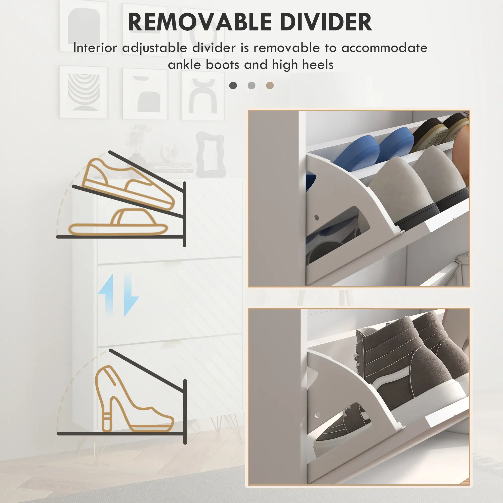 Modern Shoe Storage Cabinet, 3 Flip Drawers for 18 Pairs, Narrow, White - Image 6