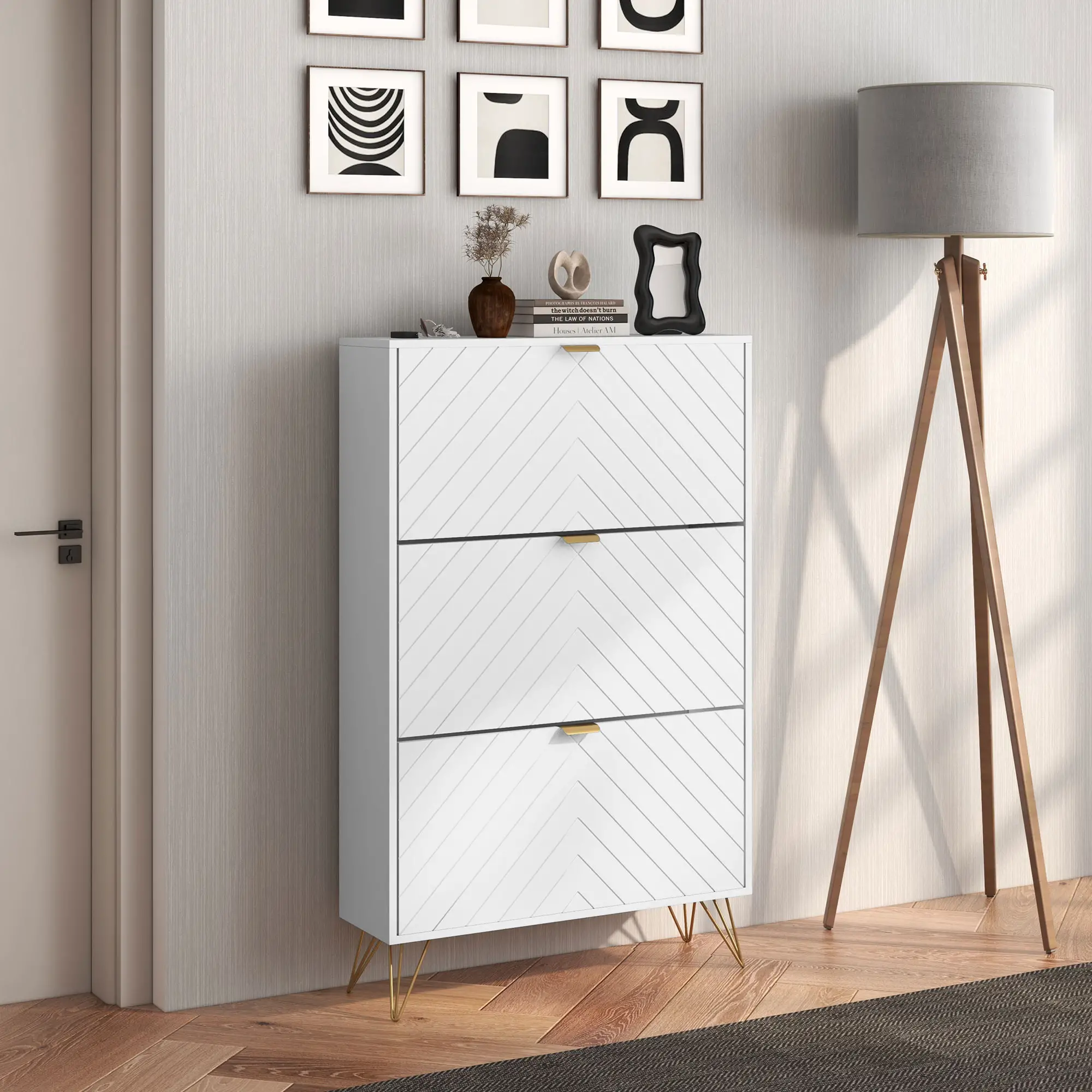 Modern Shoe Storage Cabinet, 3 Flip Drawers for 18 Pairs, Narrow, White - Image 8