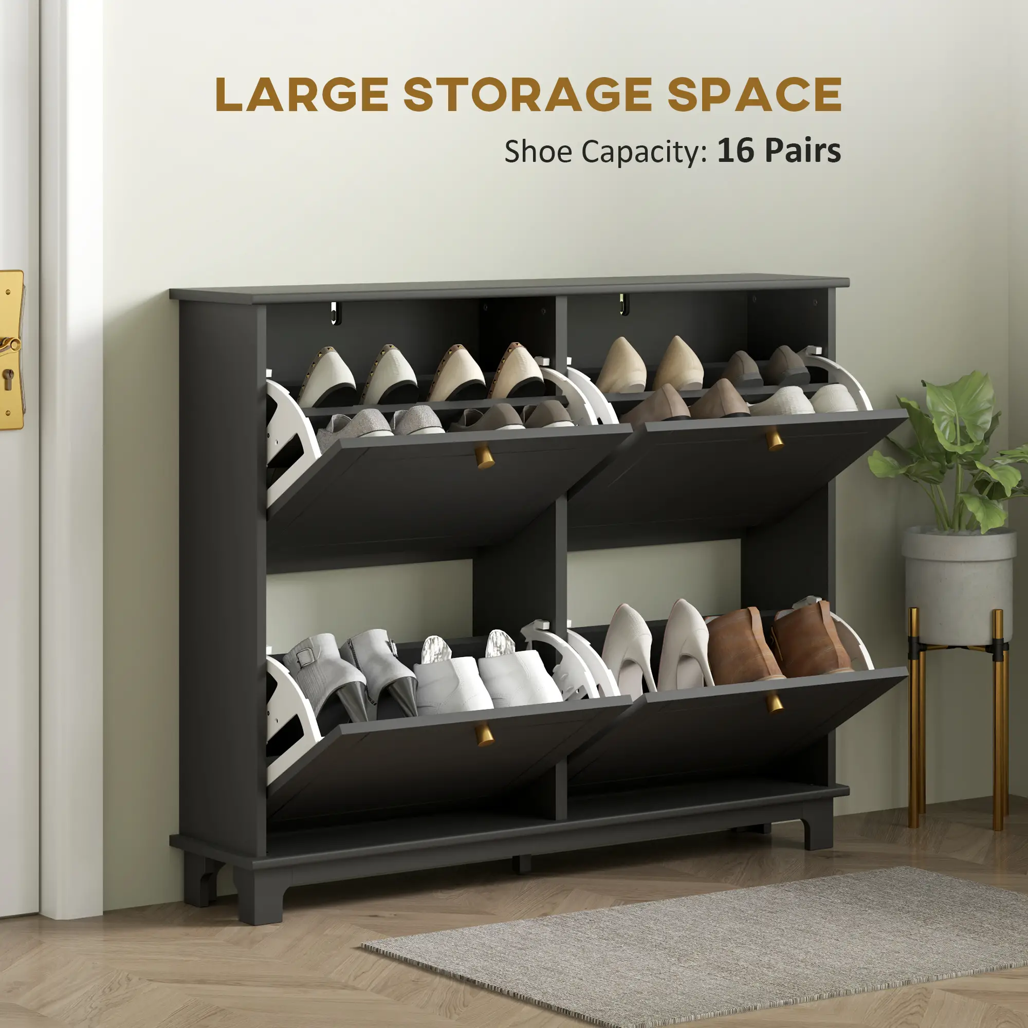 Modern Shoe Storage Cabinet, 4 Flip Drawers, Adjustable Shelves, 5 Legs, Black - Image 4