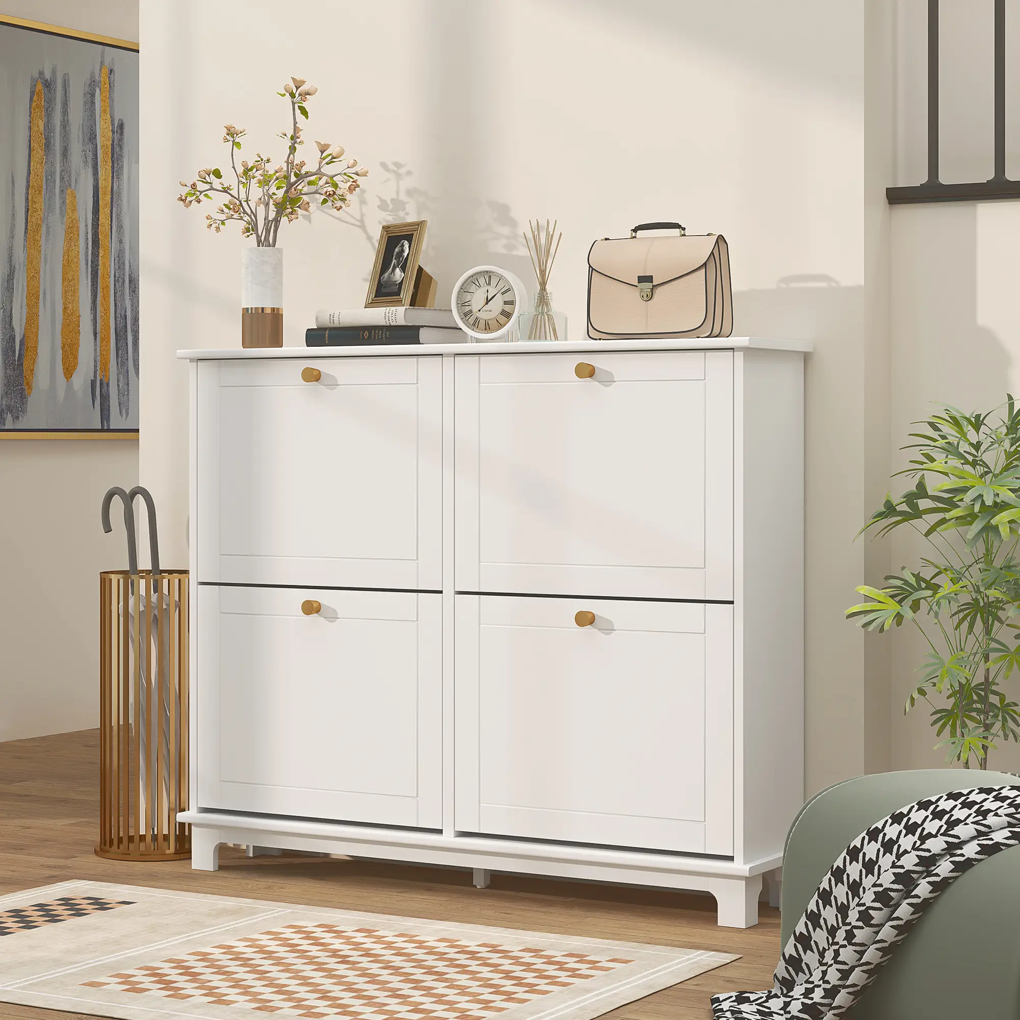 Modern Shoe Storage Cabinet, 4 Flip Drawers, Adjustable Shelves, White - Image 2