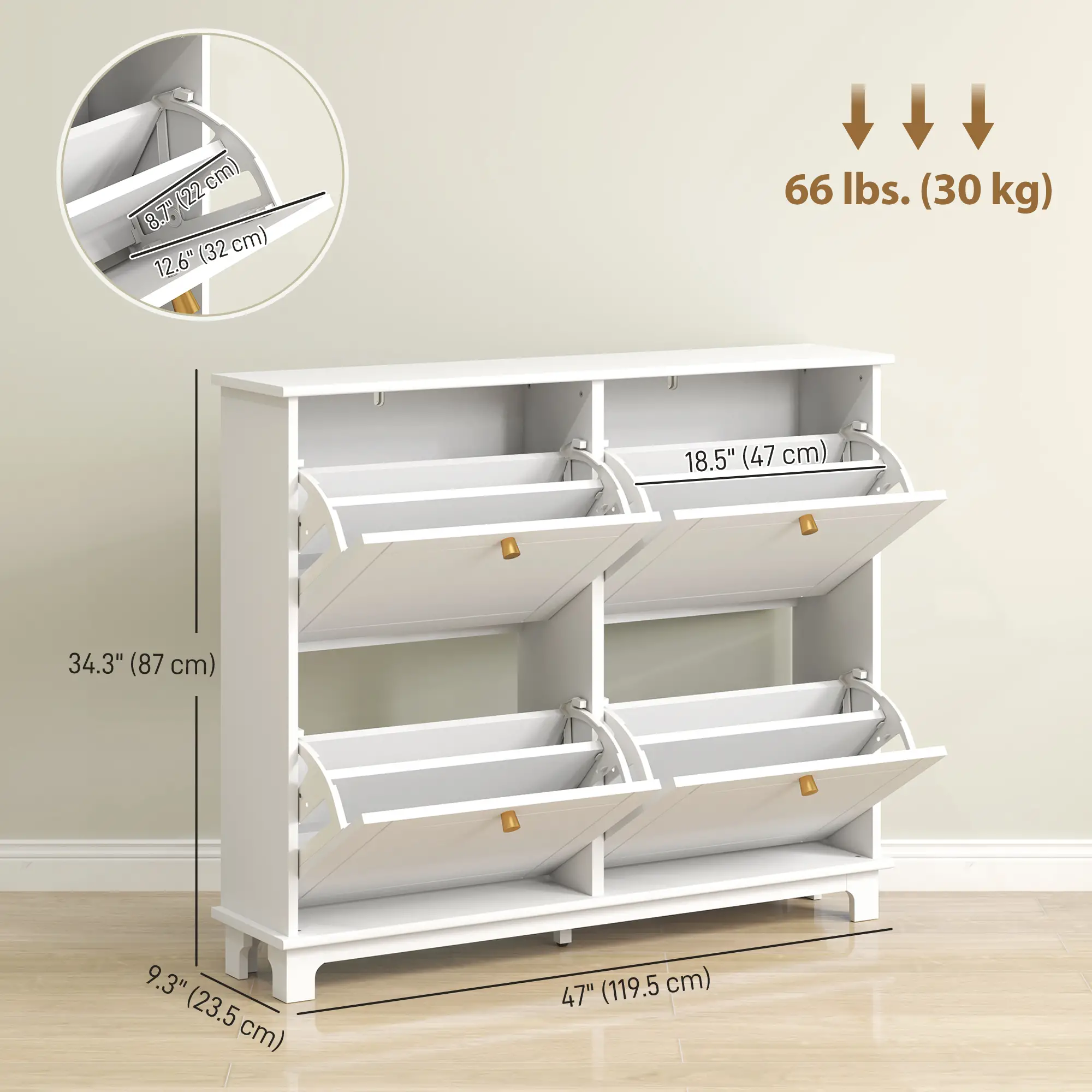 Modern Shoe Storage Cabinet, 4 Flip Drawers, Adjustable Shelves, White - Image 3
