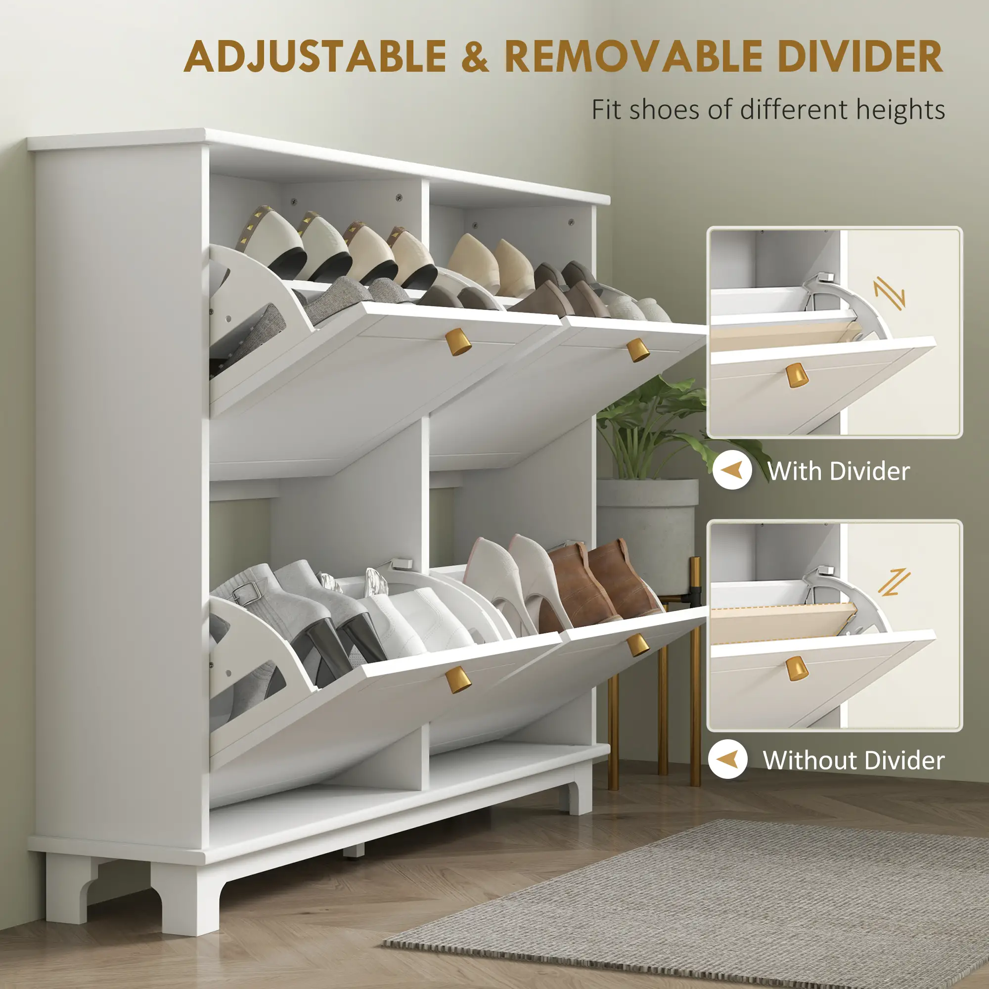Modern Shoe Storage Cabinet, 4 Flip Drawers, Adjustable Shelves, White - Image 5
