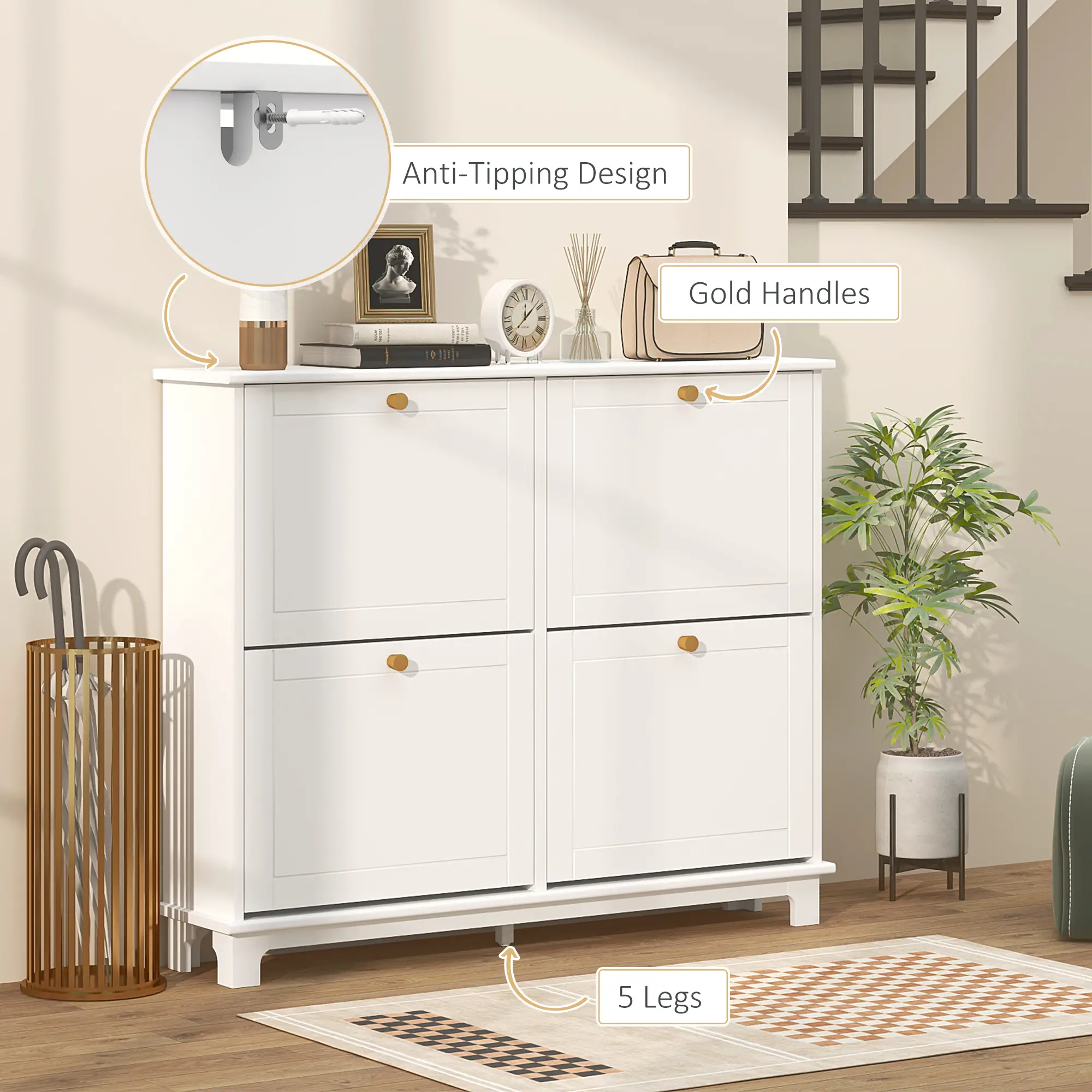 Modern Shoe Storage Cabinet, 4 Flip Drawers, Adjustable Shelves, White - Image 6