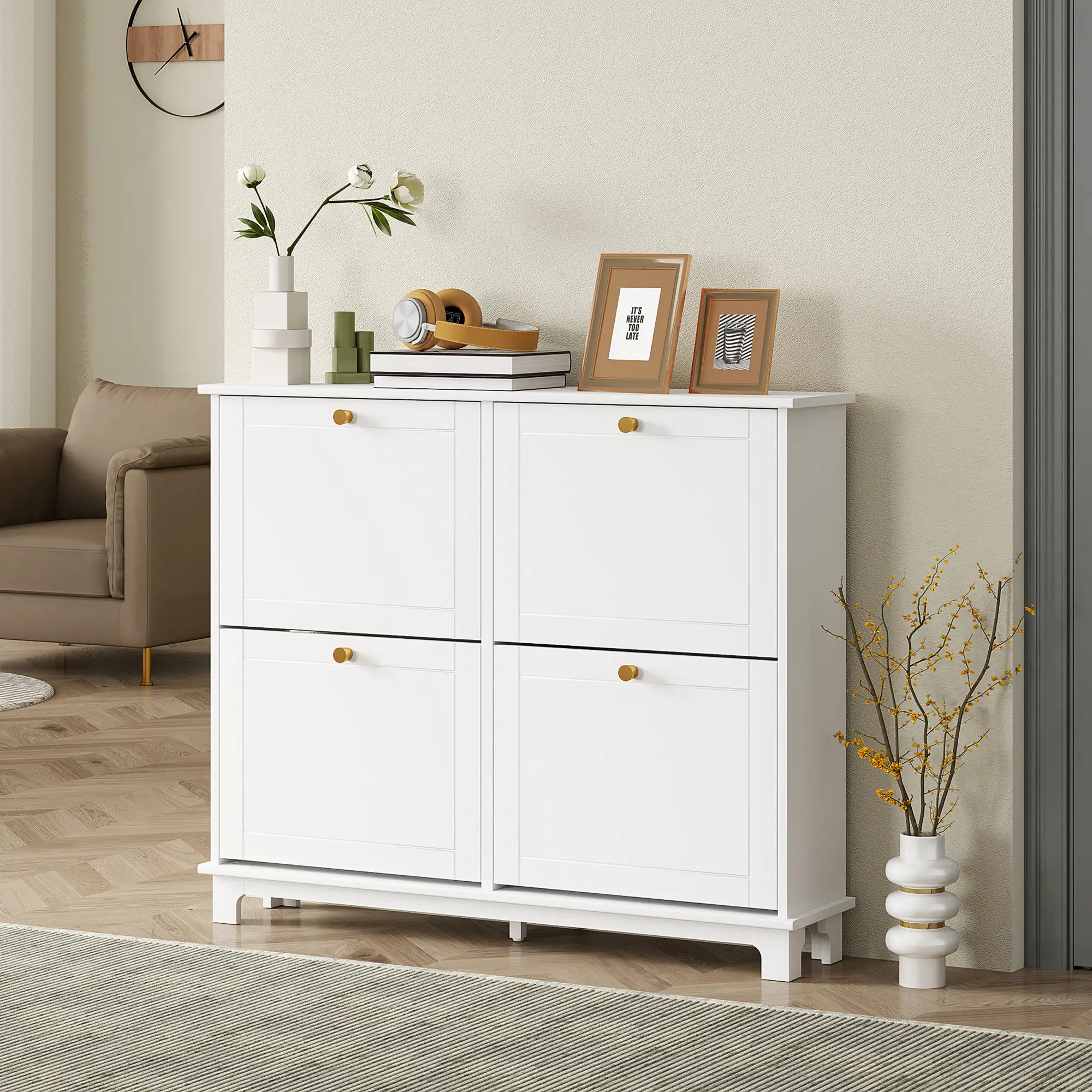 Modern Shoe Storage Cabinet, 4 Flip Drawers, Adjustable Shelves, White - Image 8