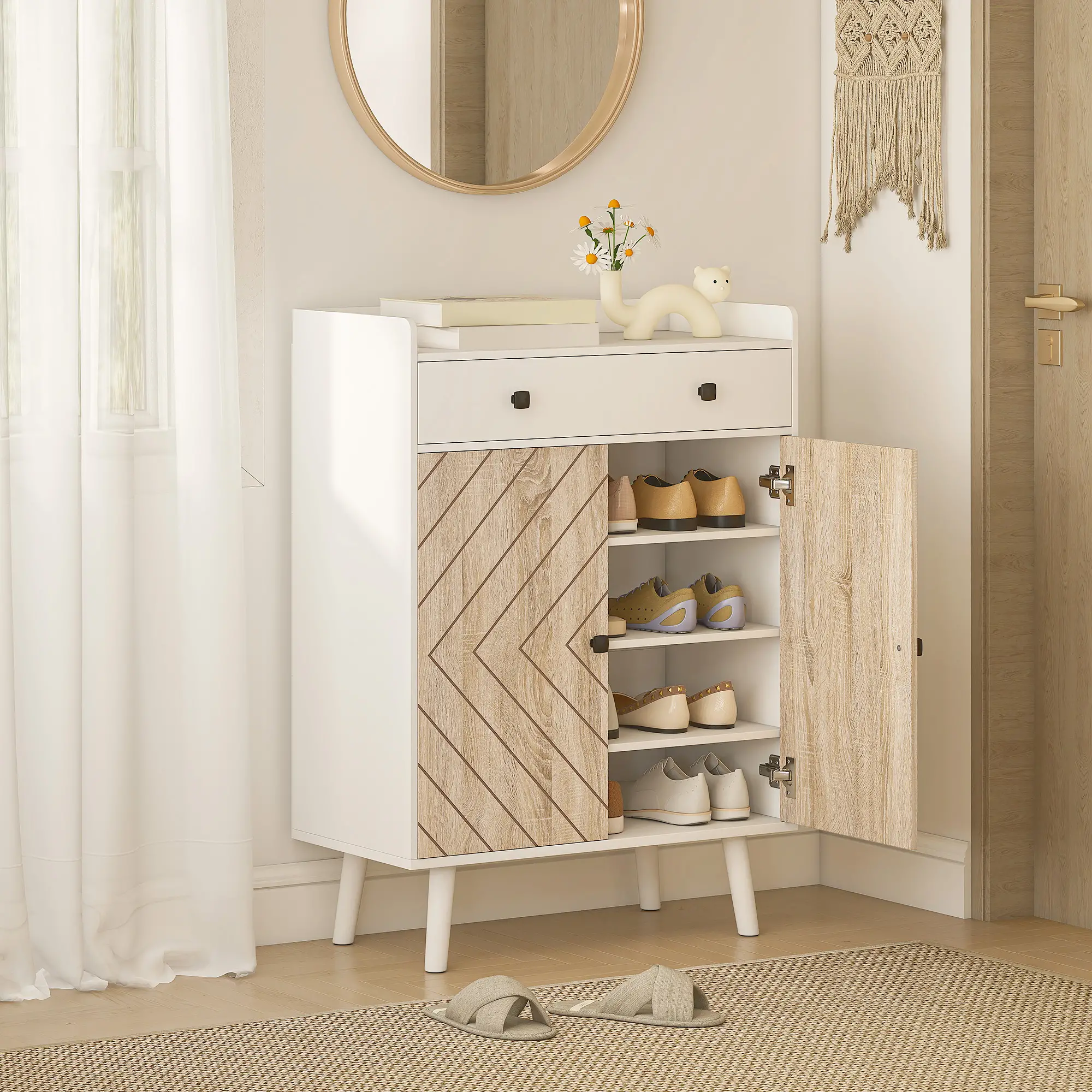 Modern Shoe Storage Cabinet, Adjustable Shelves, Drawer for 12 Pairs, White - Image 2