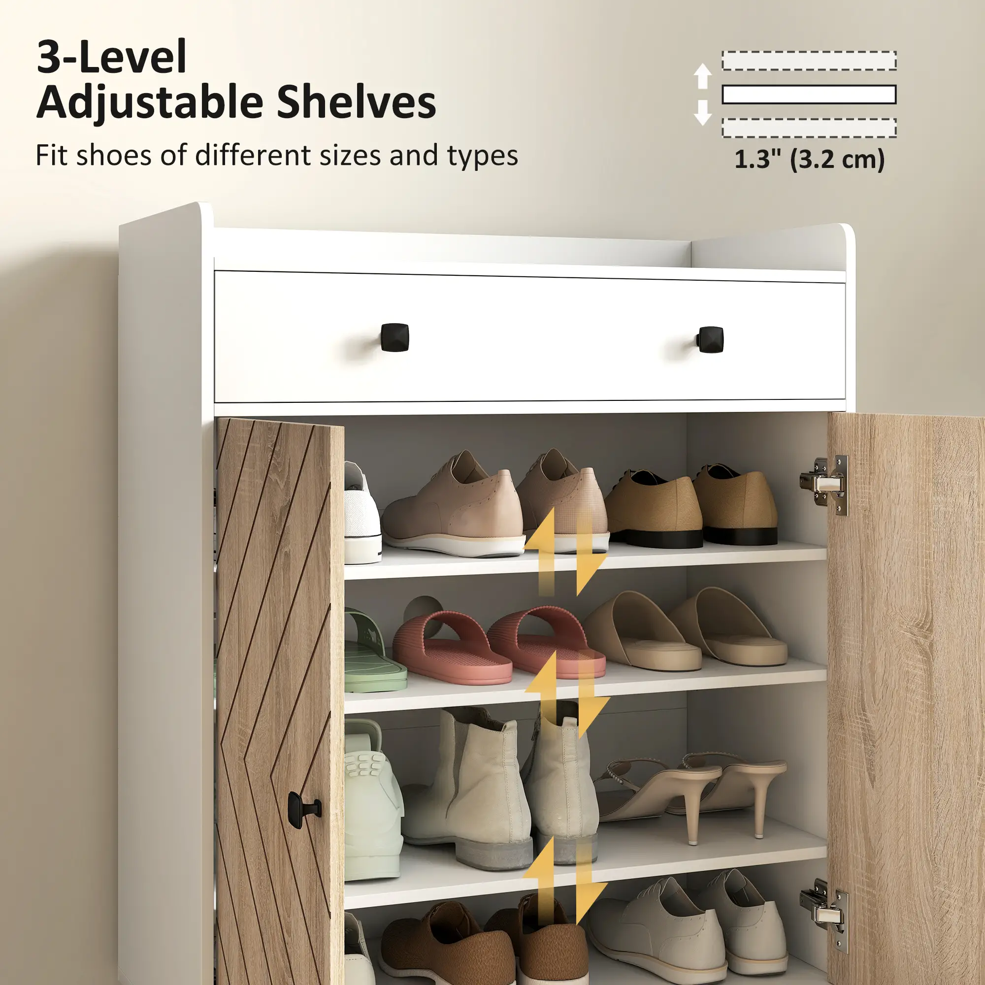 Modern Shoe Storage Cabinet, Adjustable Shelves, Drawer for 12 Pairs, White - Image 5