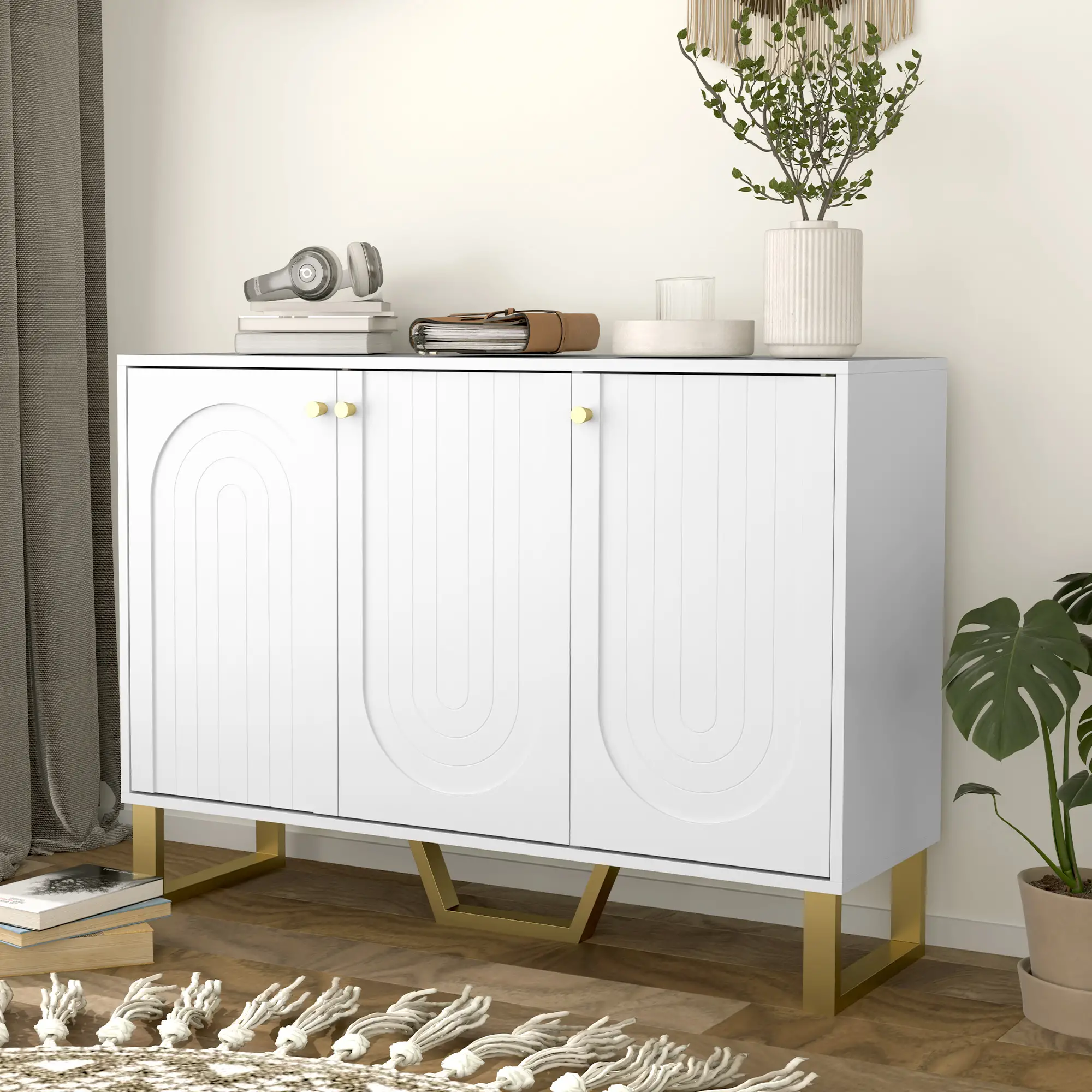 Modern Sideboard Buffet, 3 Doors, Adjustable Shelves, White - Image 8