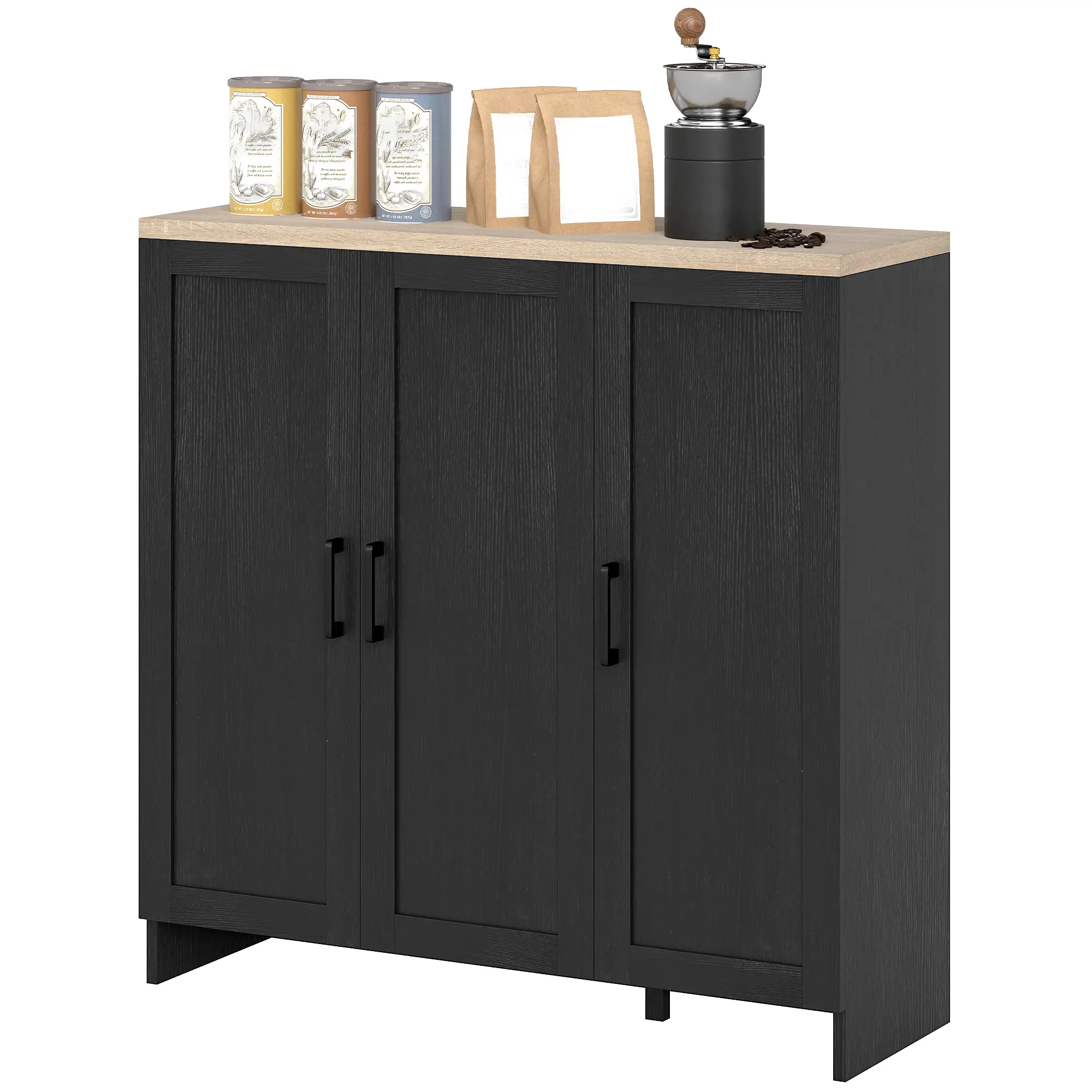 Modern Sideboard Buffet Cabinet, 3 Doors Adjustable Shelves, Black