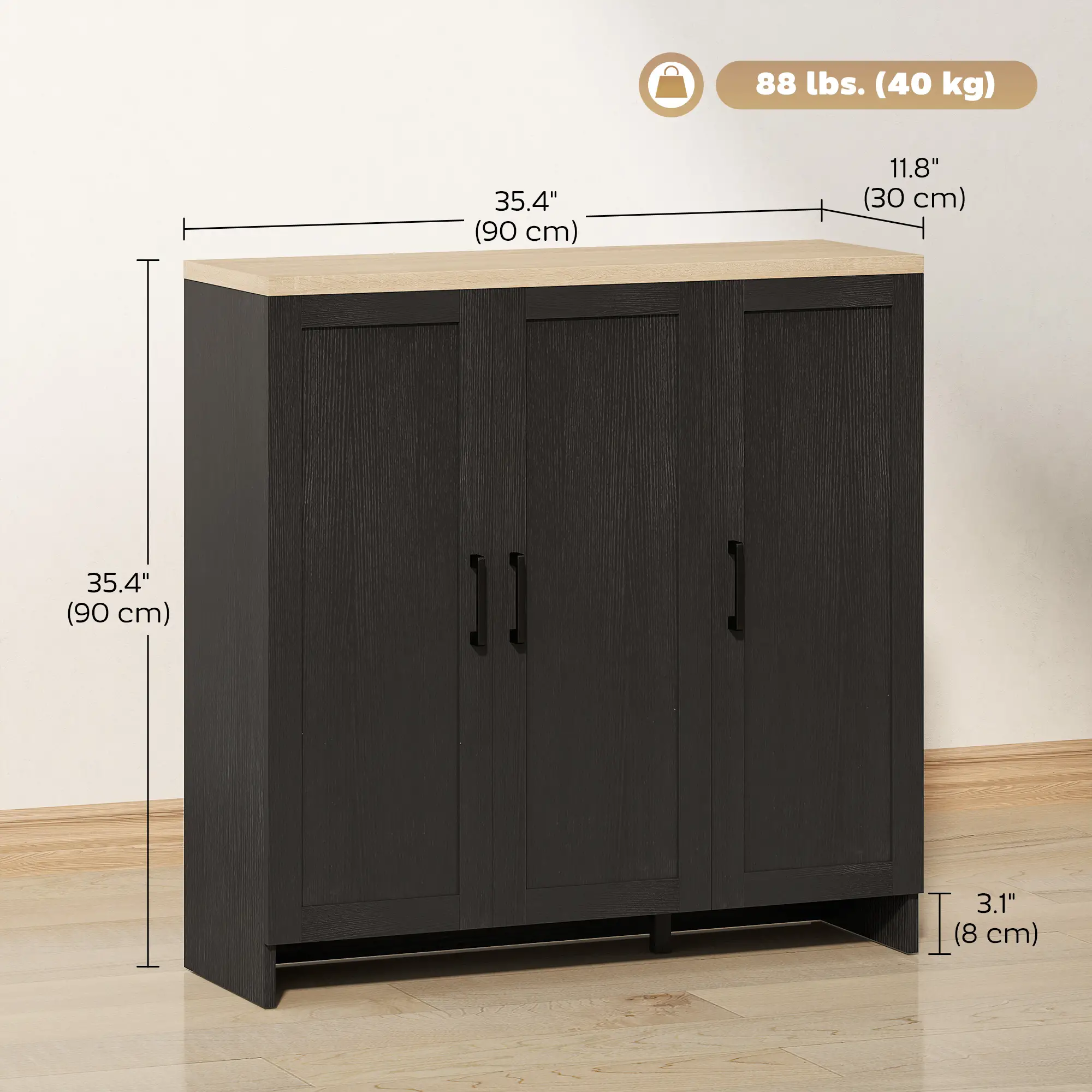 Modern Sideboard Buffet Cabinet, 3 Doors Adjustable Shelves, Black - Image 3