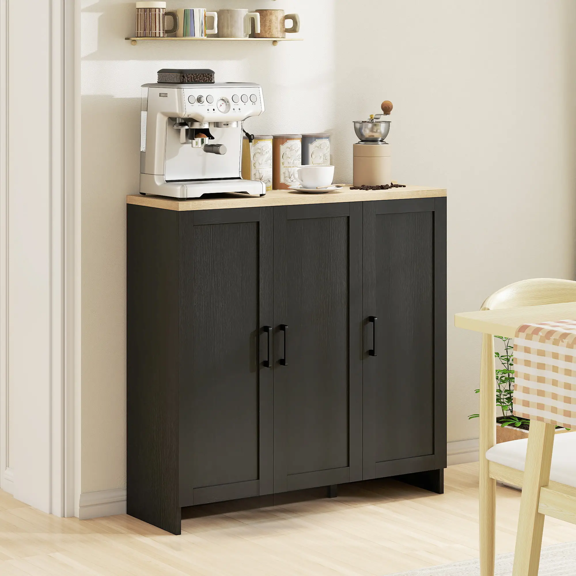 Modern Sideboard Buffet Cabinet, 3 Doors Adjustable Shelves, Black - Image 8