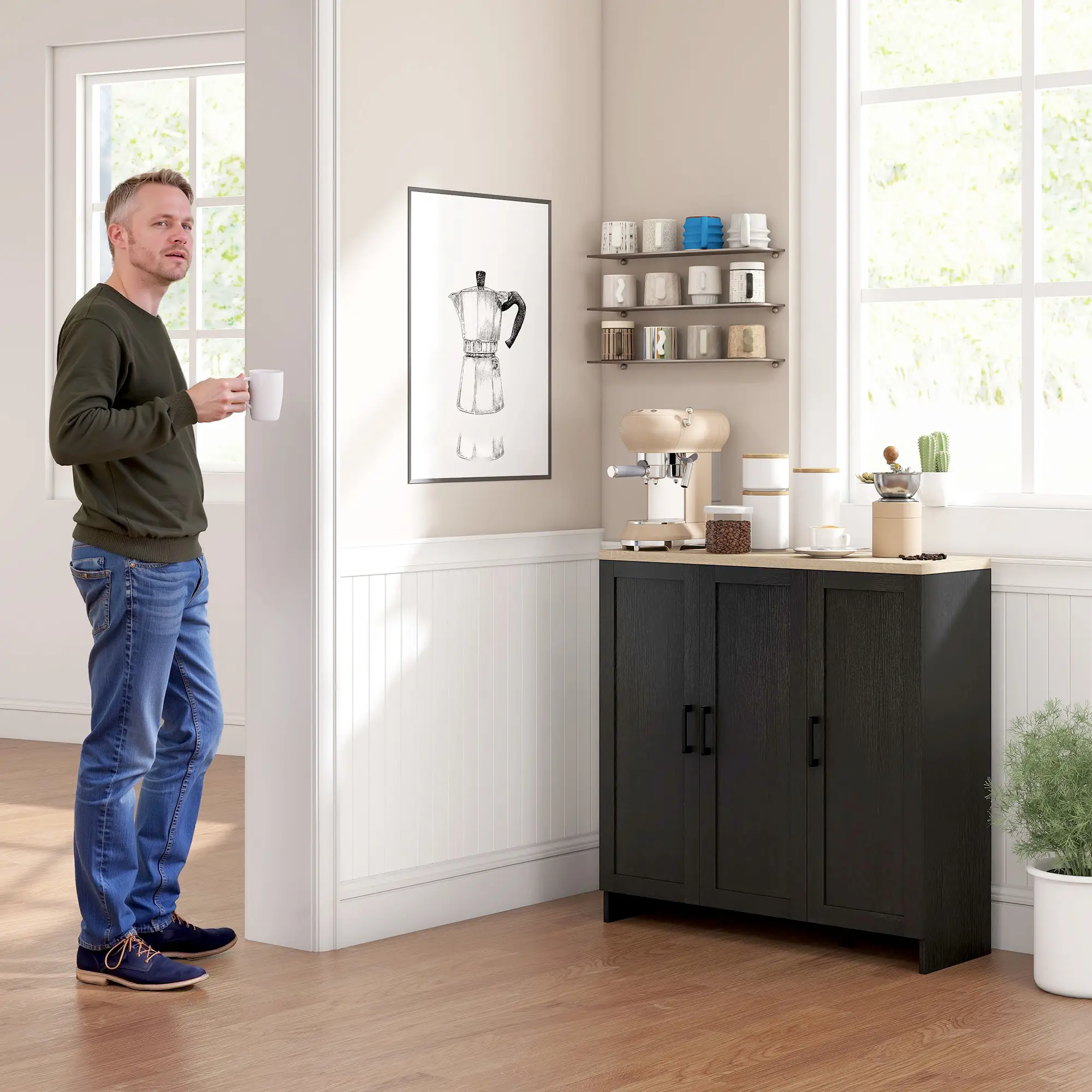Modern Sideboard Buffet Cabinet, 3 Doors Adjustable Shelves, Black - Image 9