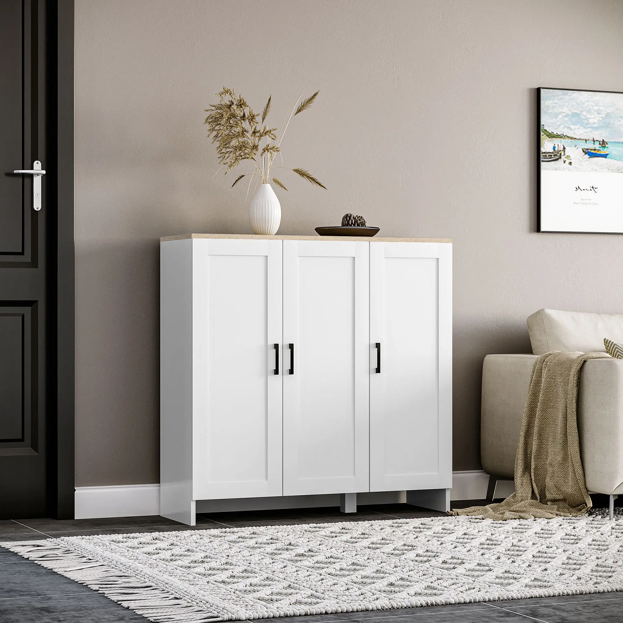 Modern Sideboard Buffet Cabinet, 3 Doors Adjustable Shelves, White - Image 2