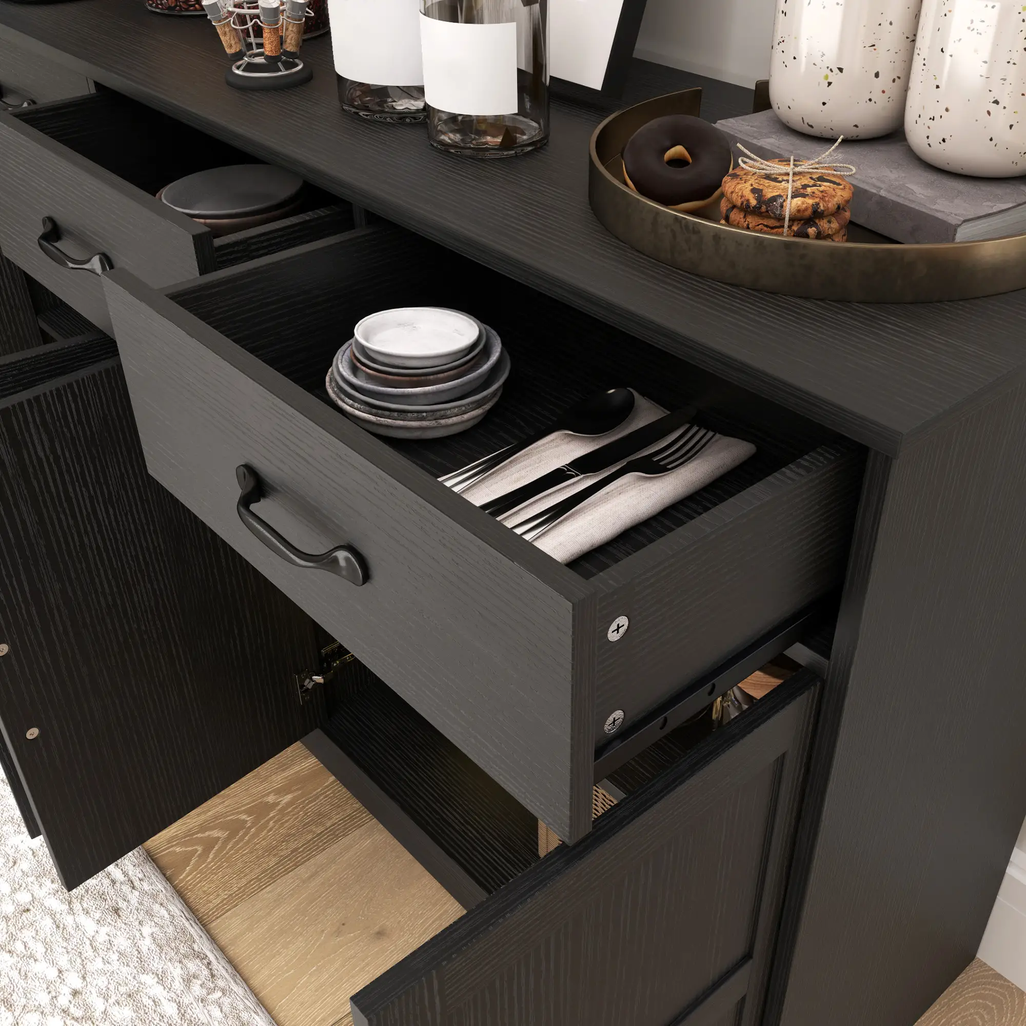 Modern Sideboard Buffet Cabinet, 3 Drawers, Adjustable Shelves, Distressed Black, Black - Image 10