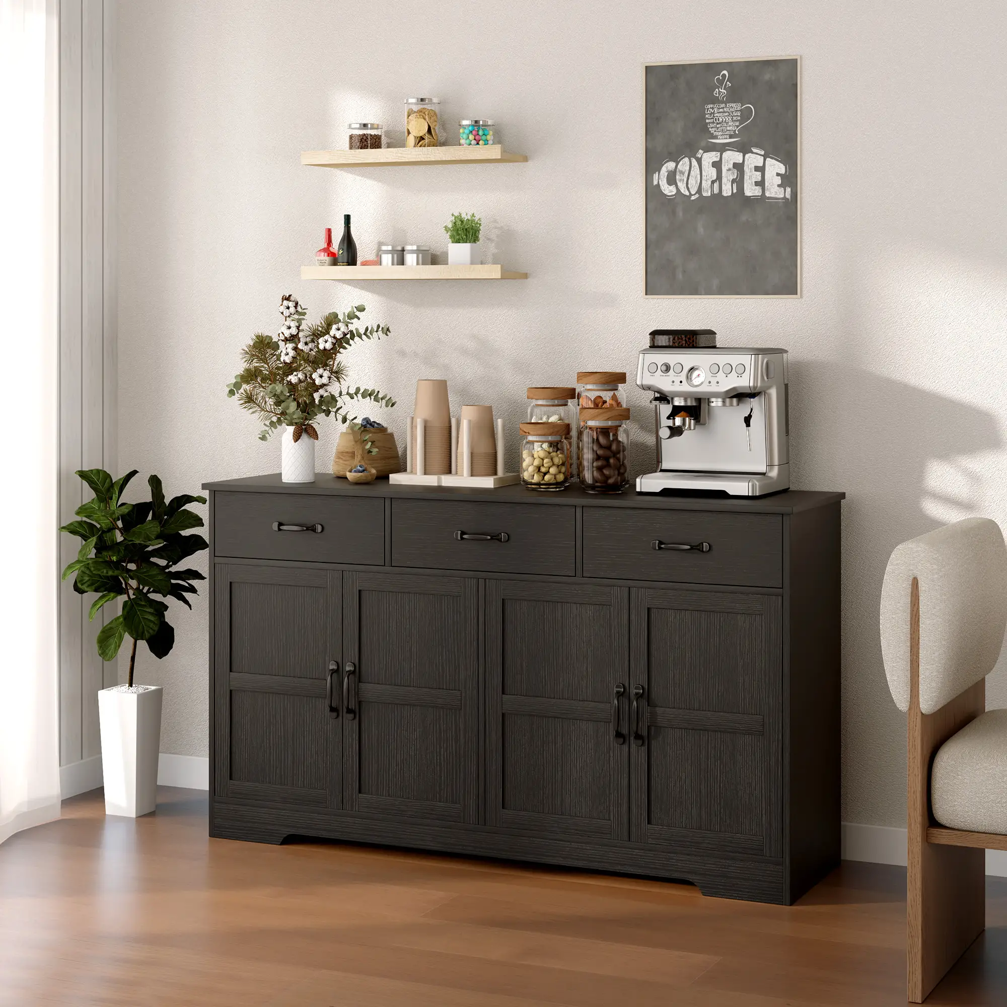 Modern Sideboard Buffet Cabinet, 3 Drawers, Adjustable Shelves, Distressed Black, Black - Image 2