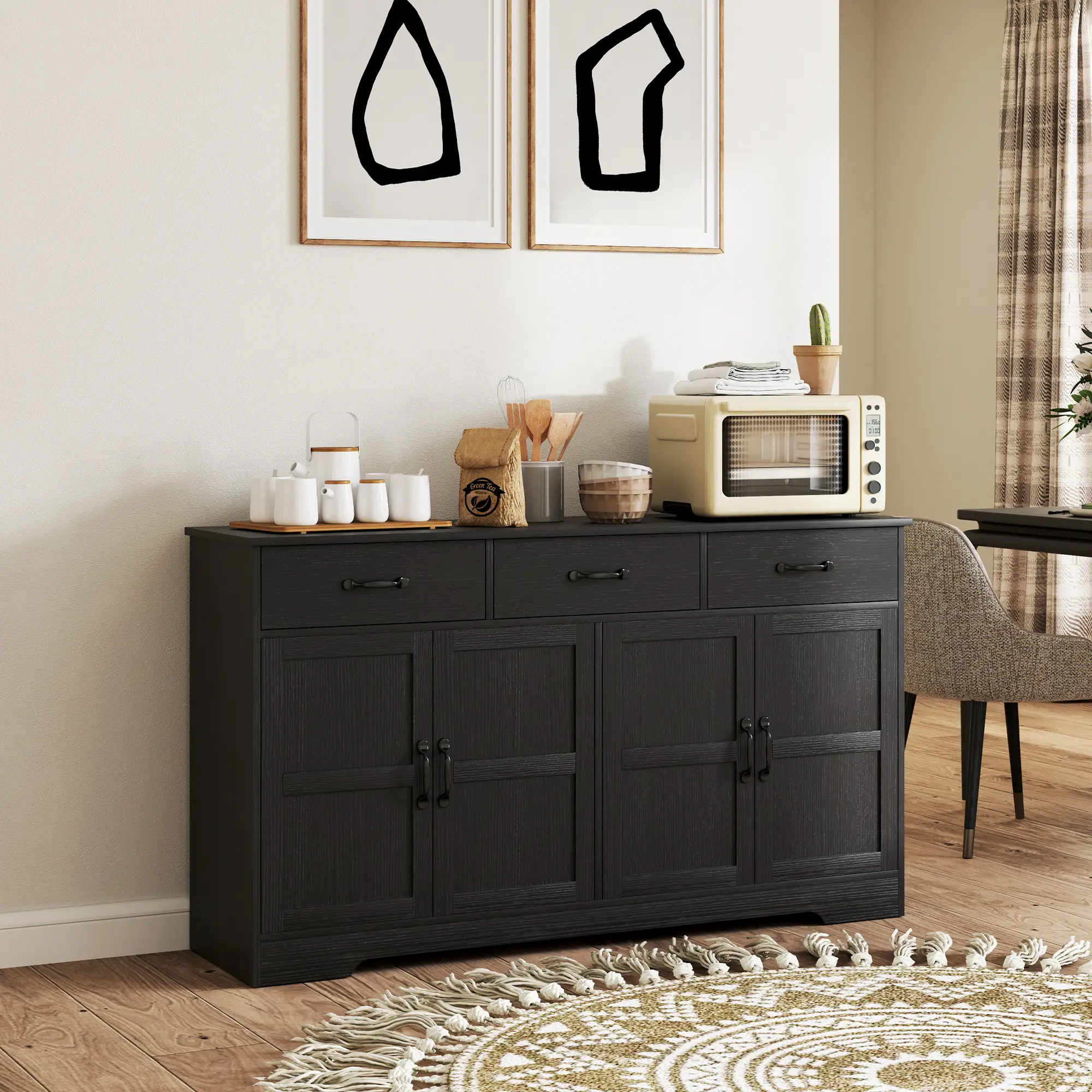 Modern Sideboard Buffet Cabinet, 3 Drawers, Adjustable Shelves, Distressed Black, Black - Image 8