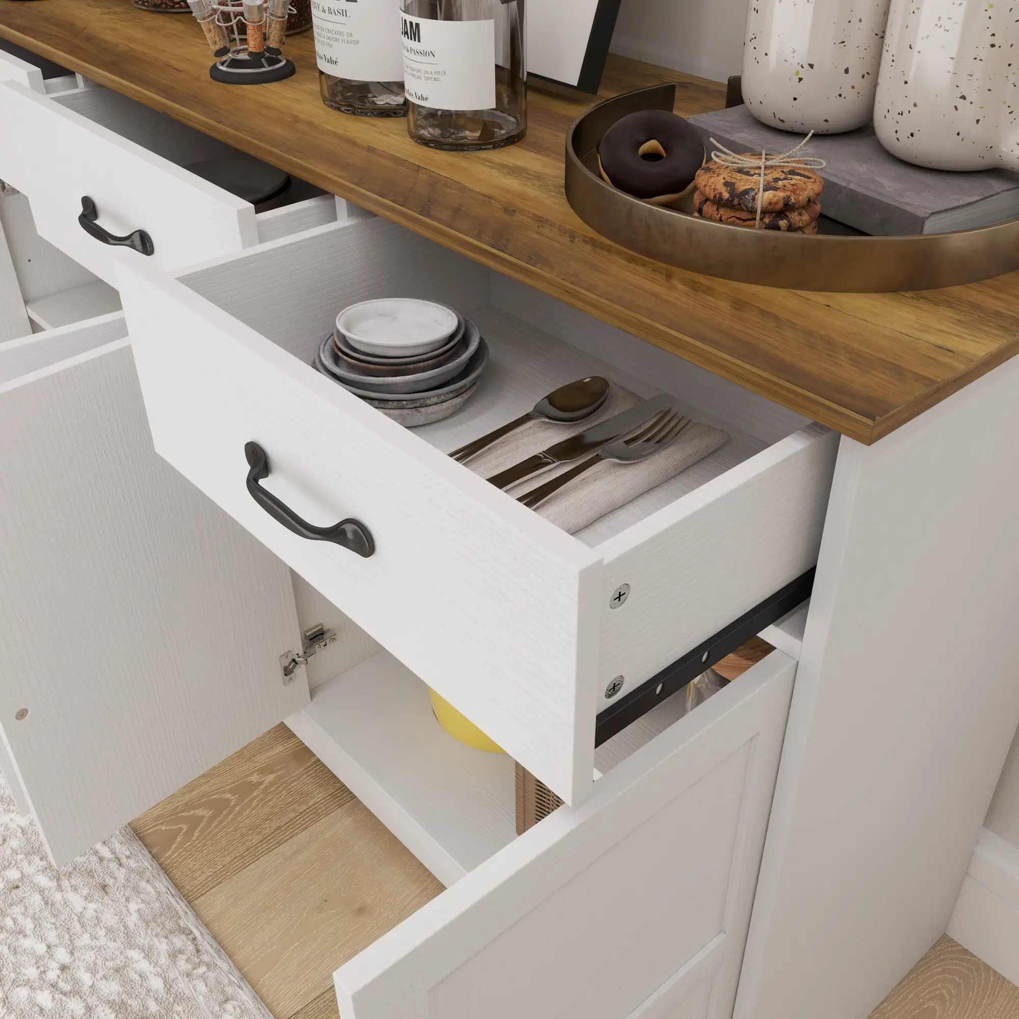 Modern Sideboard Buffet Cabinet, Distressed White, 3 Drawers, Adjustable Shelves, White - Image 10