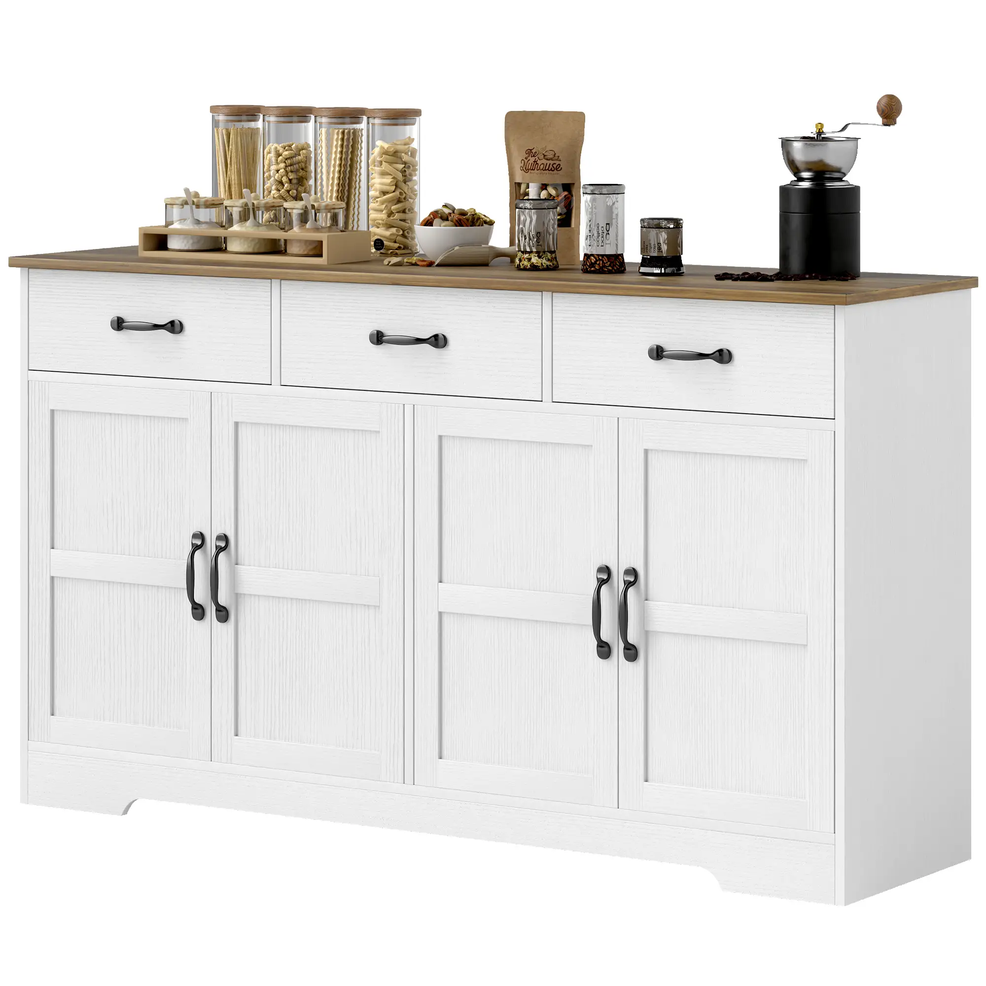 Modern Sideboard Buffet Cabinet, Distressed White, 3 Drawers, Adjustable Shelves, White - Image 11