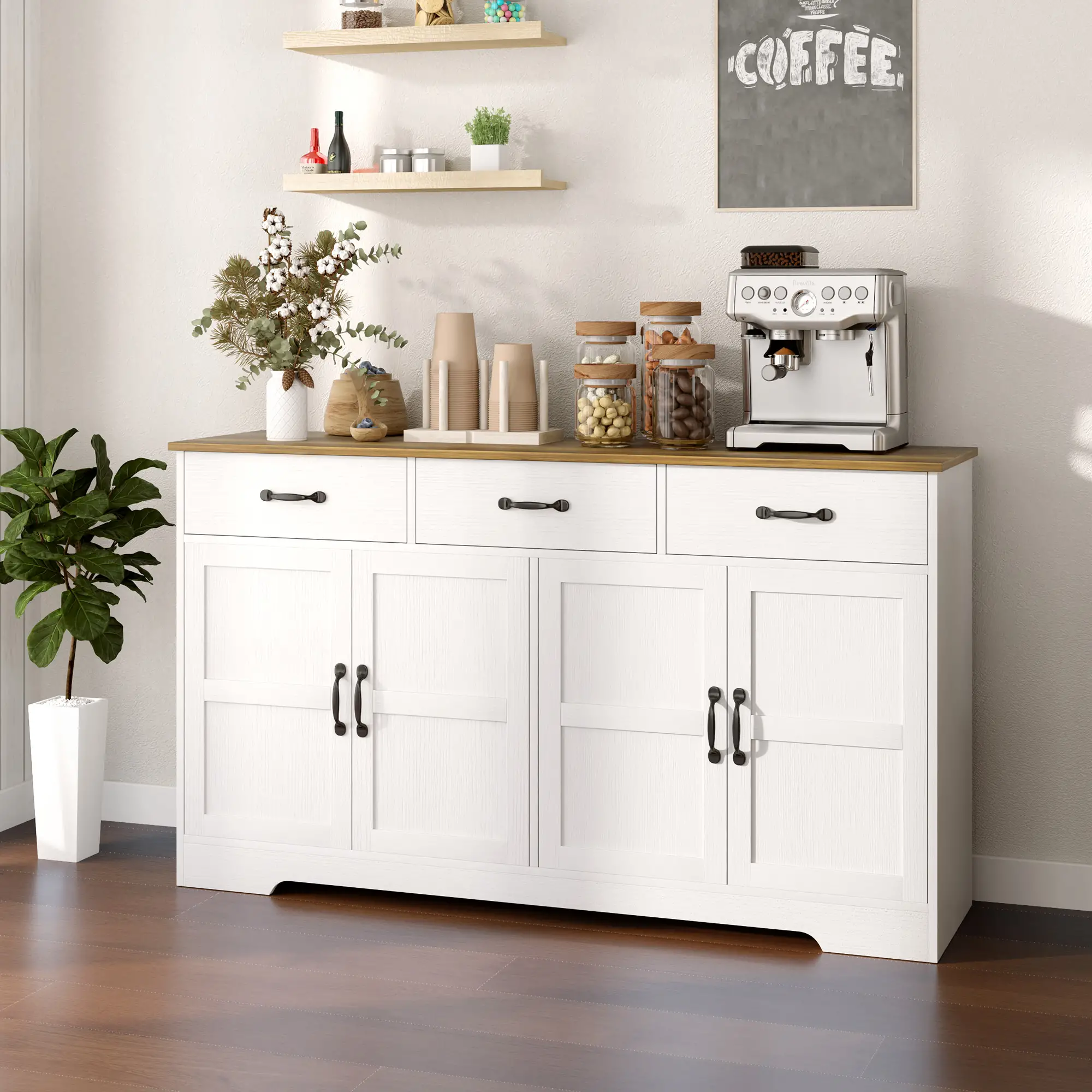 Modern Sideboard Buffet Cabinet, Distressed White, 3 Drawers, Adjustable Shelves, White - Image 2