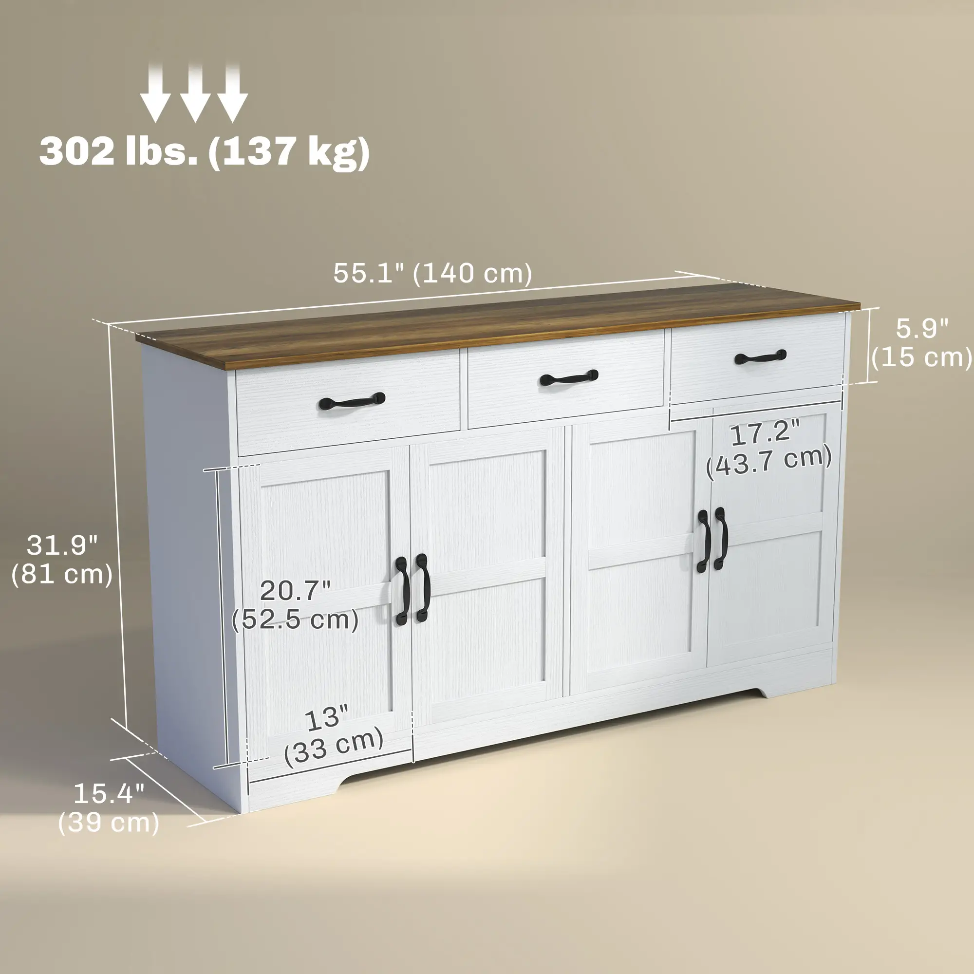Modern Sideboard Buffet Cabinet, Distressed White, 3 Drawers, Adjustable Shelves, White - Image 3