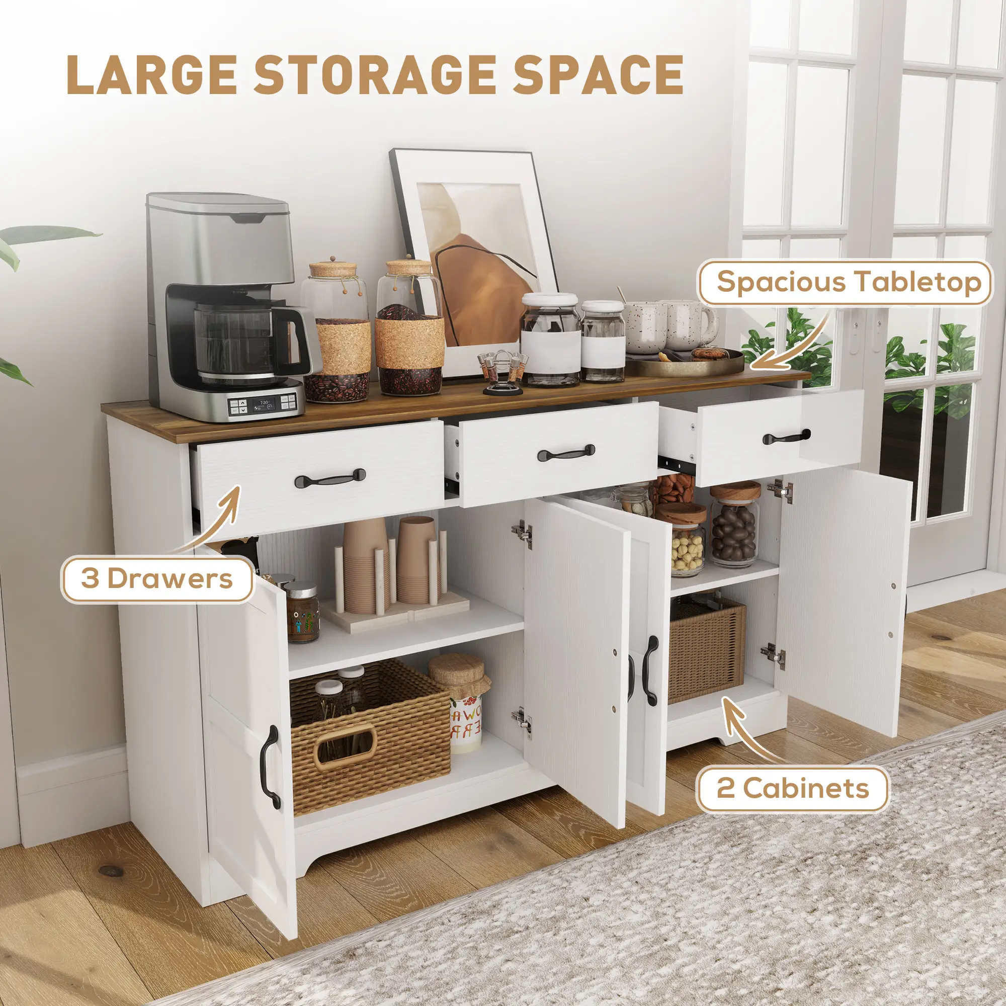 Modern Sideboard Buffet Cabinet, Distressed White, 3 Drawers, Adjustable Shelves, White - Image 4
