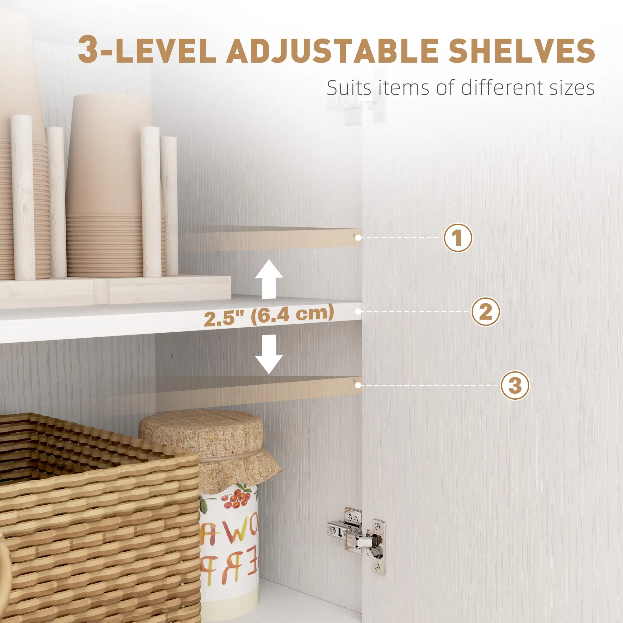 Modern Sideboard Buffet Cabinet, Distressed White, 3 Drawers, Adjustable Shelves, White - Image 5
