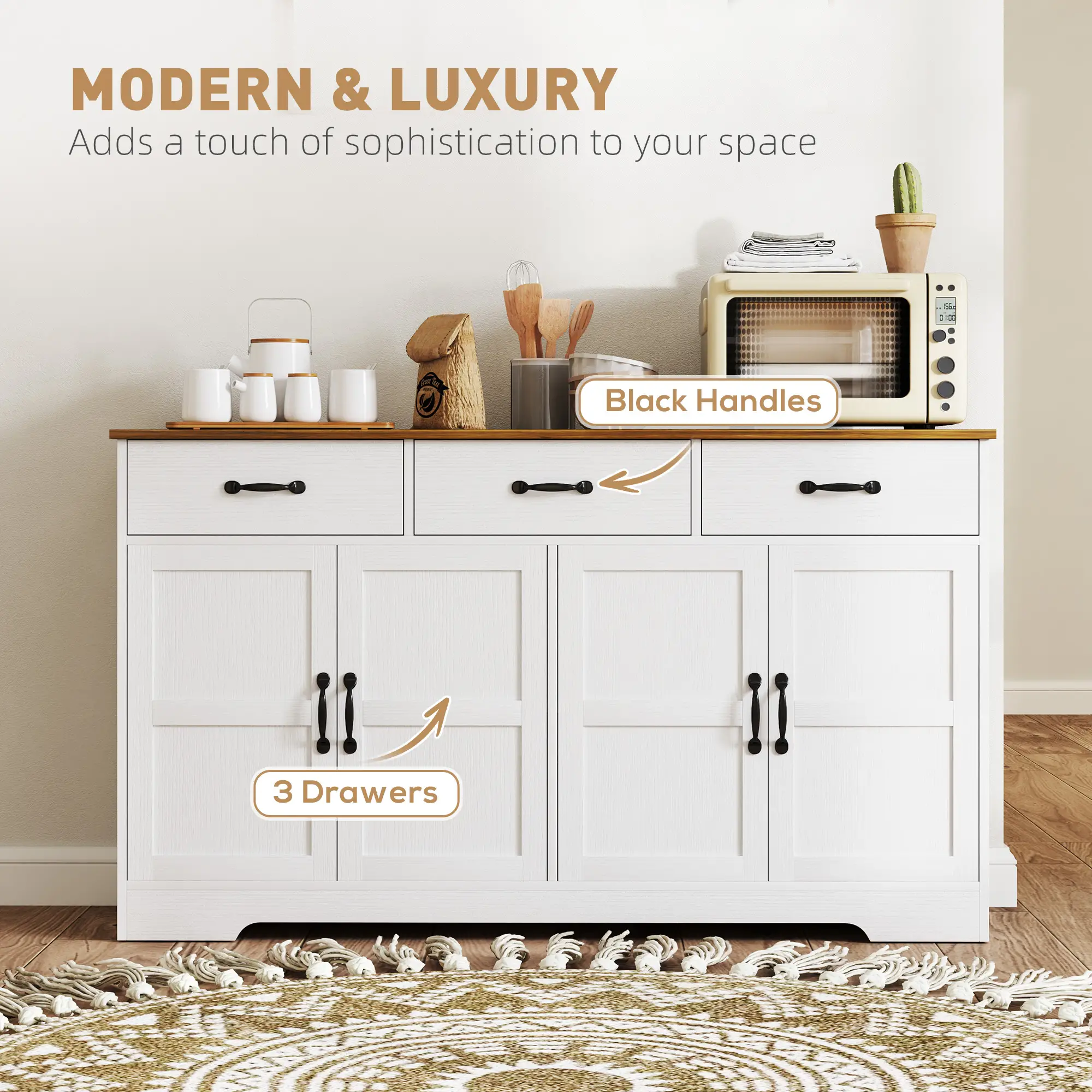 Modern Sideboard Buffet Cabinet, Distressed White, 3 Drawers, Adjustable Shelves, White - Image 6