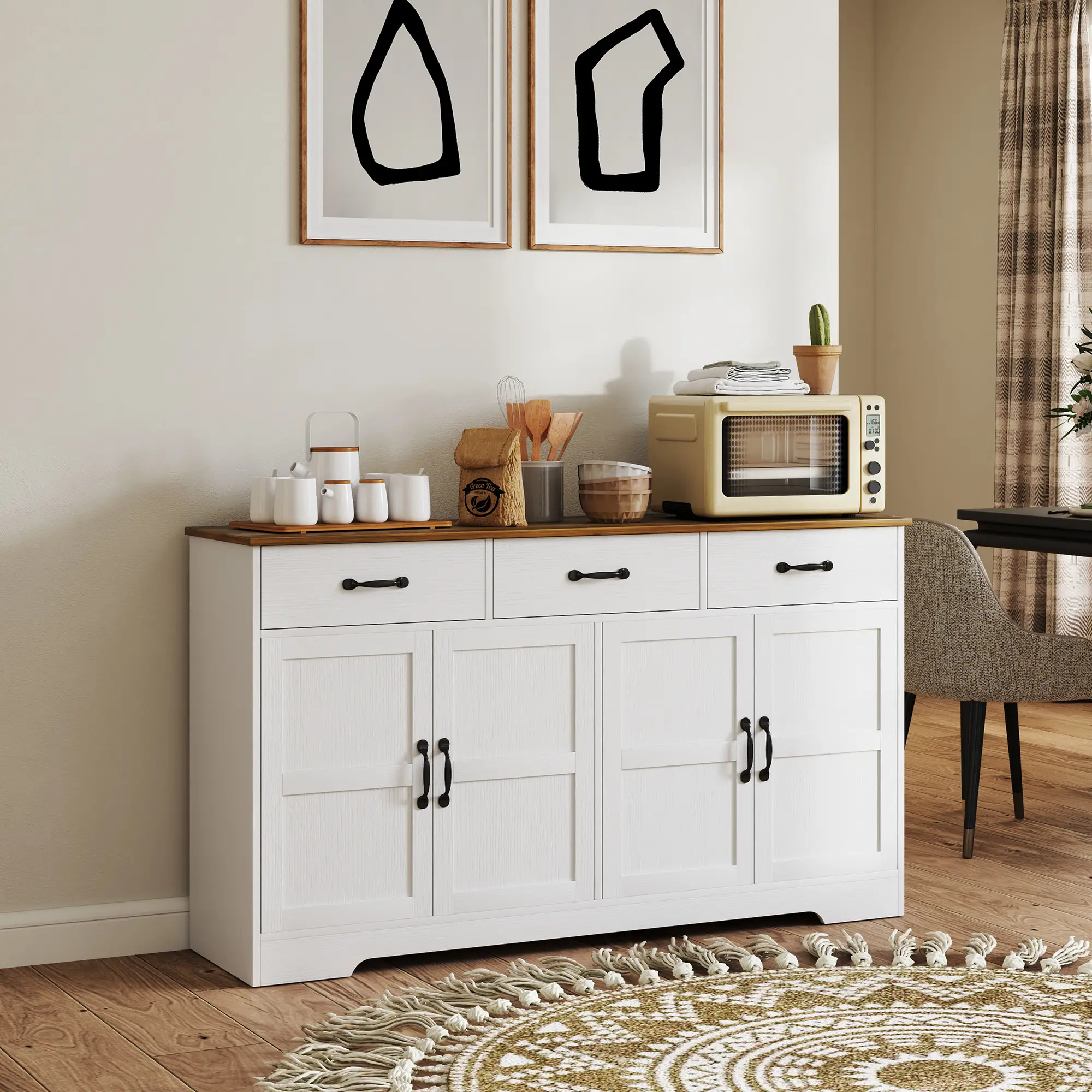 Modern Sideboard Buffet Cabinet, Distressed White, 3 Drawers, Adjustable Shelves, White - Image 8