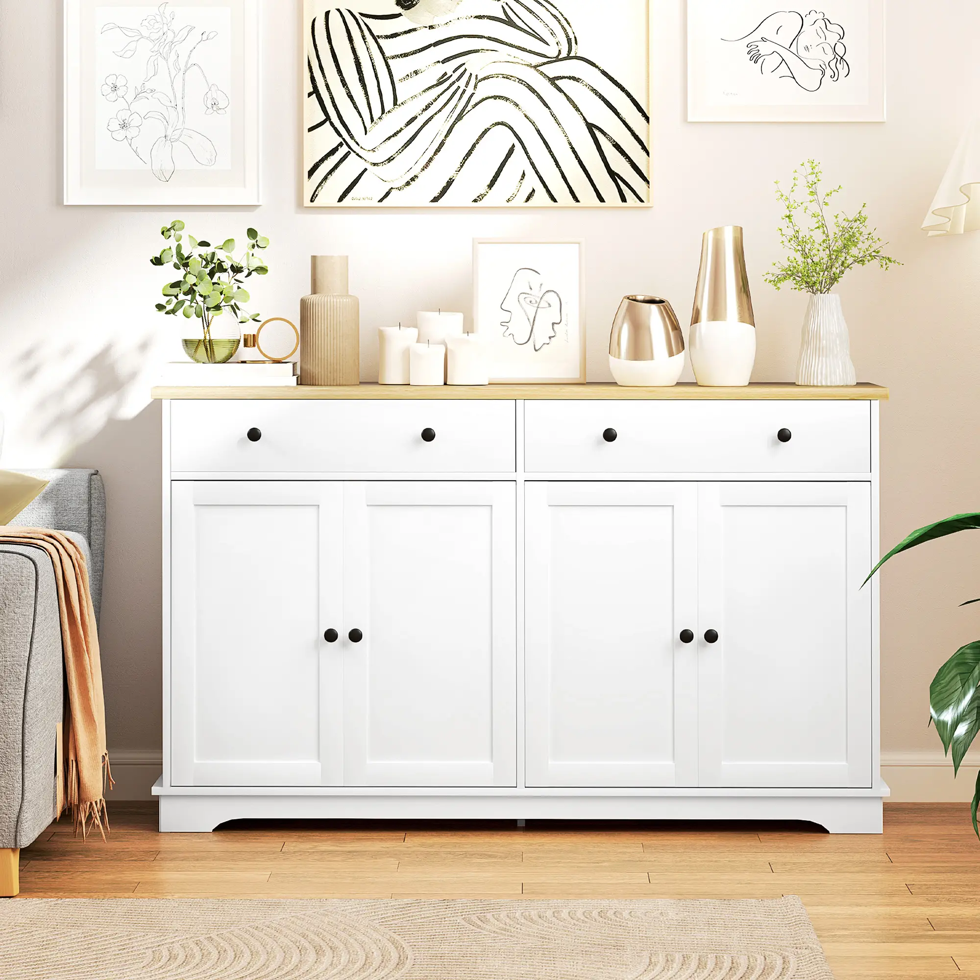 Modern Sideboard, Buffet Cabinet with Drawers, Adjustable Shelves, White - Image 2