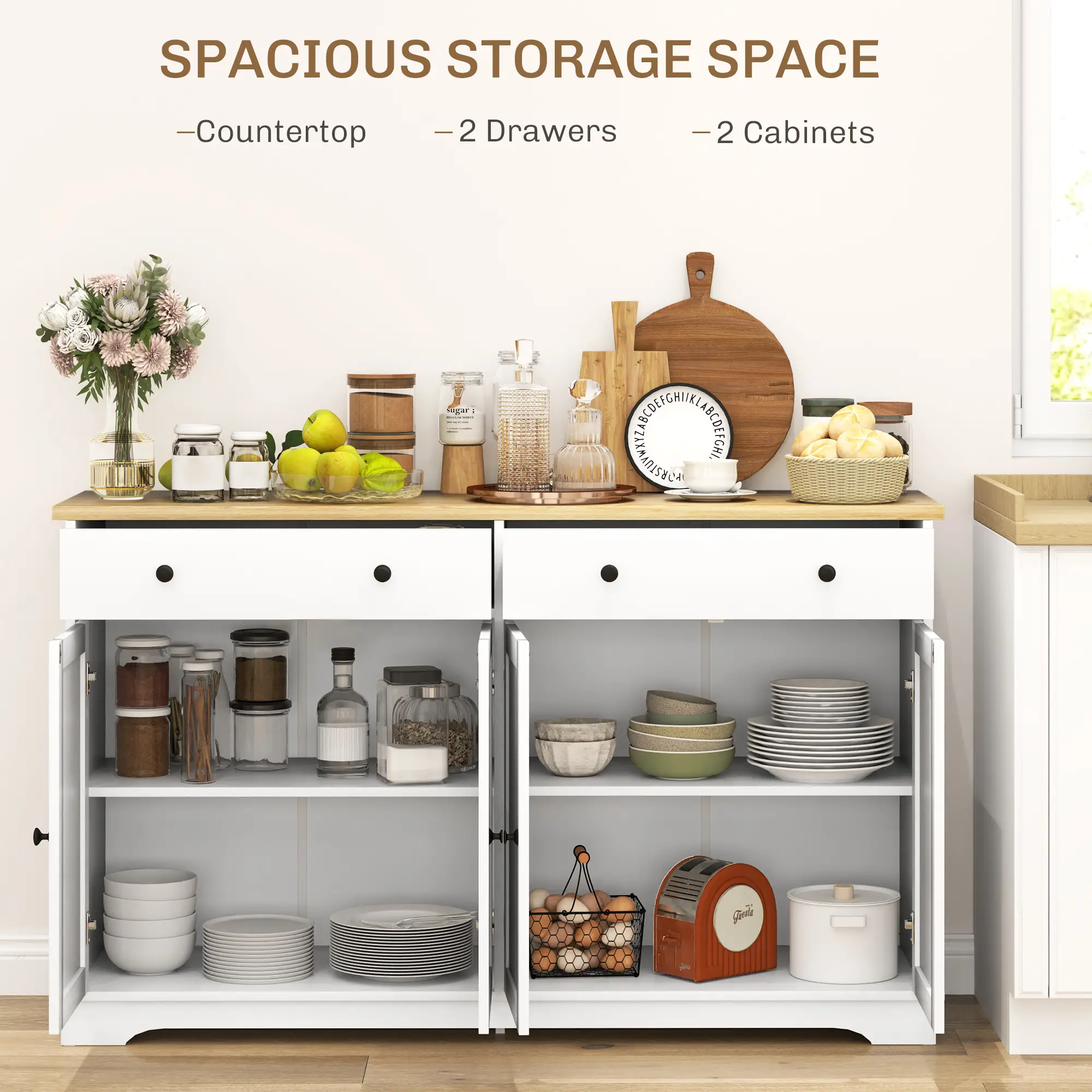 Modern Sideboard, Buffet Cabinet with Drawers, Adjustable Shelves, White - Image 4
