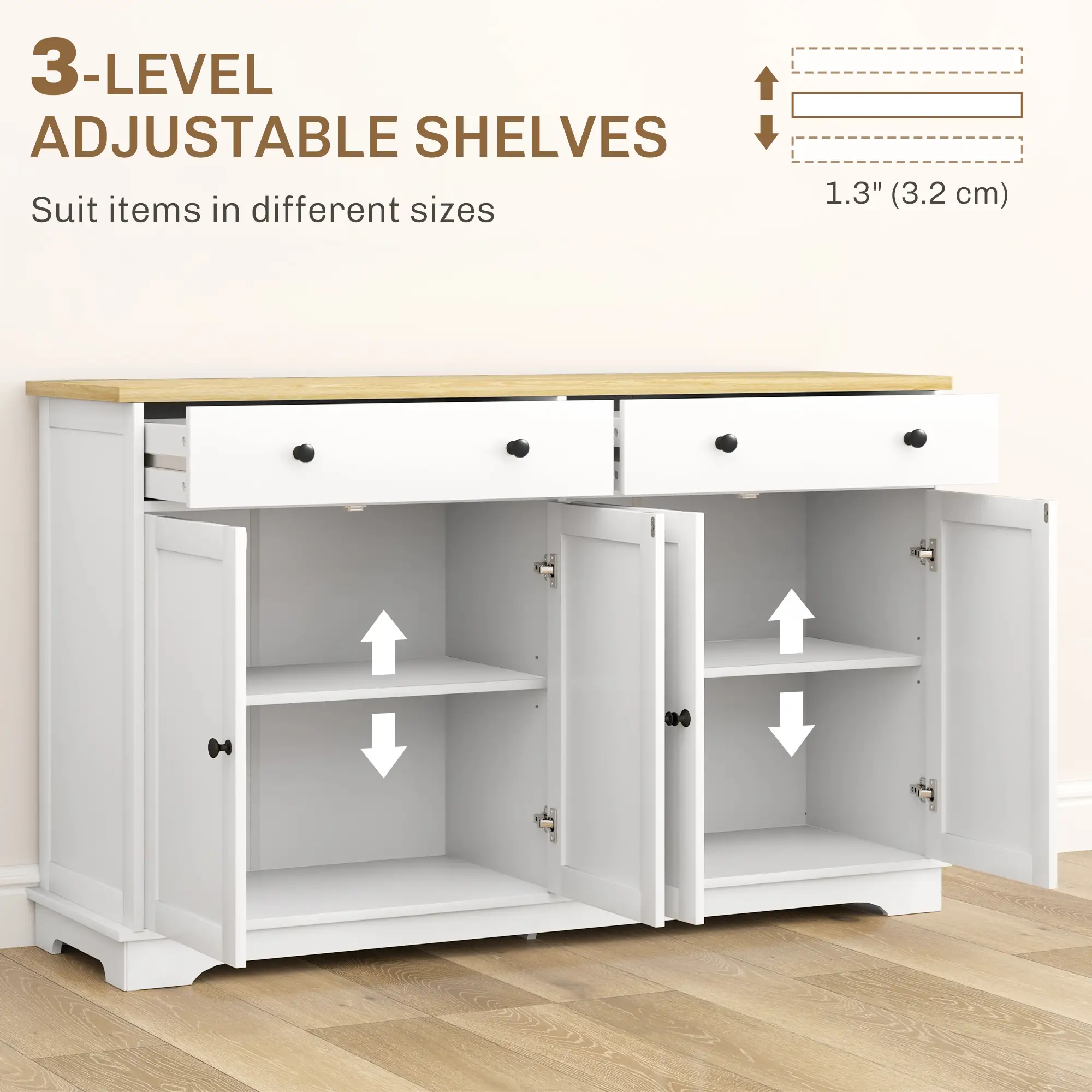 Modern Sideboard, Buffet Cabinet with Drawers, Adjustable Shelves, White - Image 5