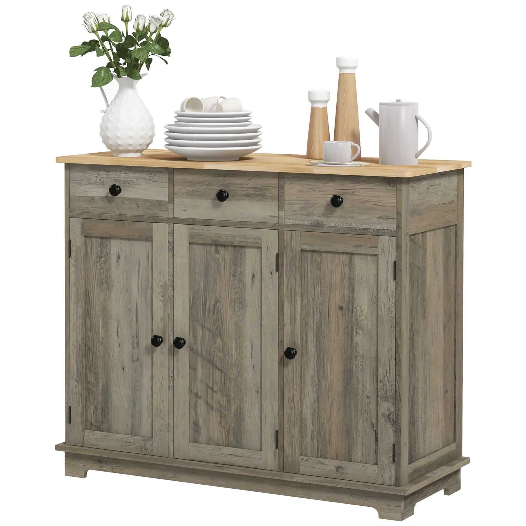 Modern Sideboard, Buffet Cabinet with Storage, Drawers, Adjustable Shelves, Washed Grey