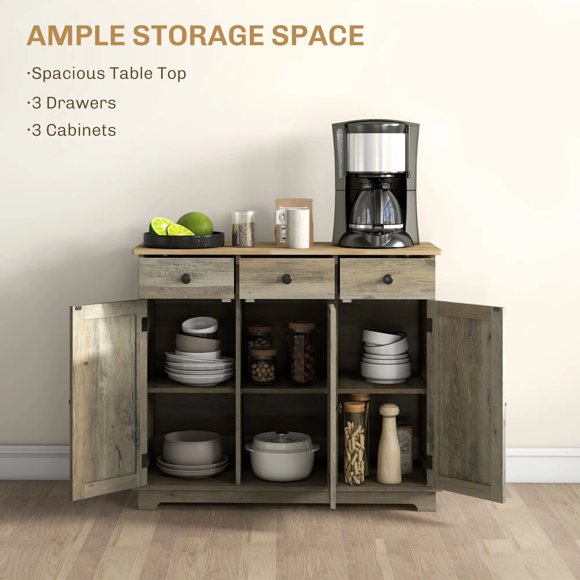 Modern Sideboard, Buffet Cabinet with Storage, Drawers, Adjustable Shelves, Washed Grey - Image 4