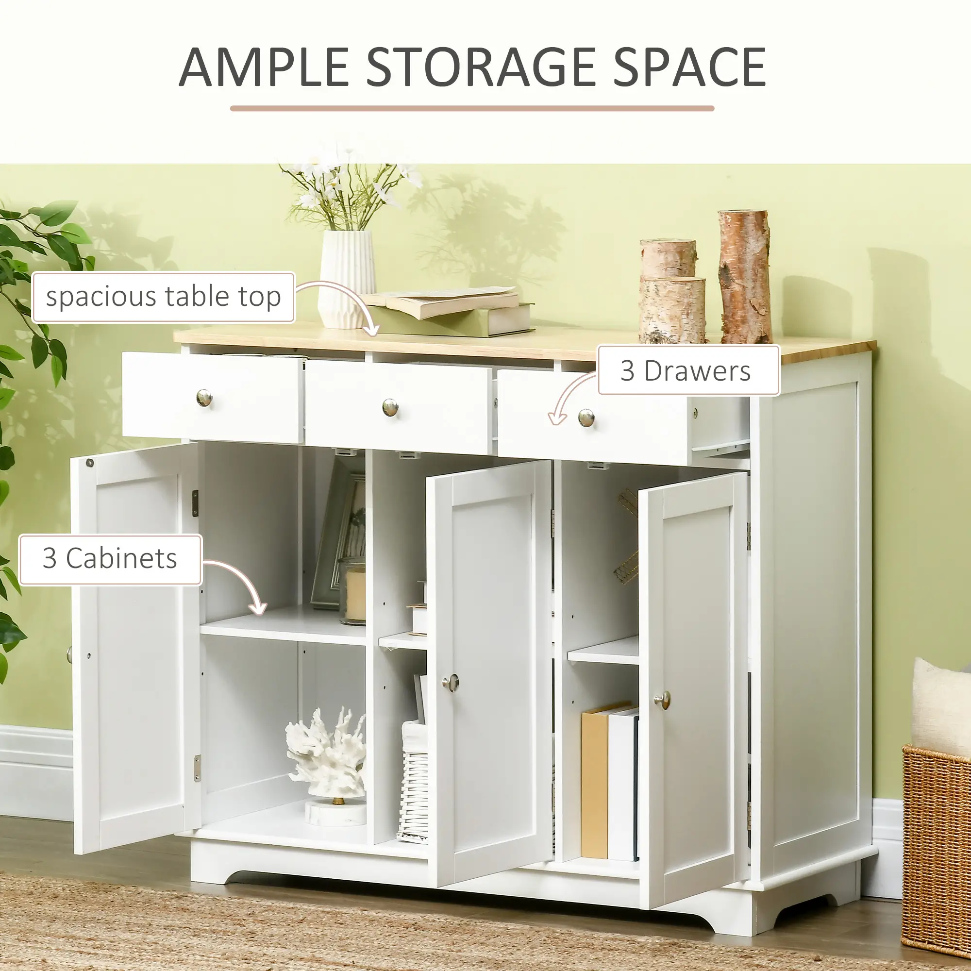 Modern Sideboard, Buffet Cabinet with Storage, Drawers, Adjustable Shelves, White - Image 4