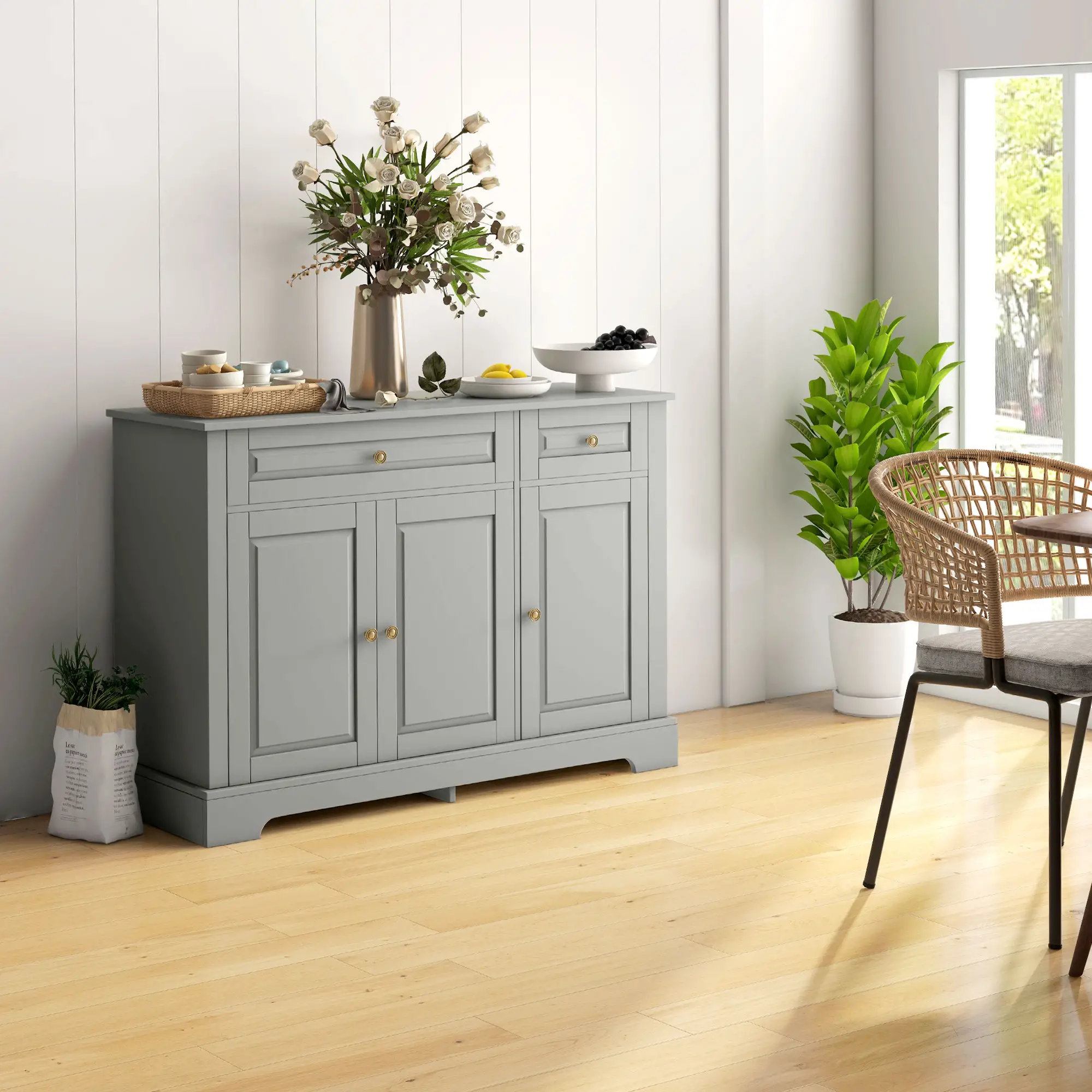 Modern Sideboard Cabinet, 2 Drawers, Adjustable Shelves, Dining Room, Grey - Image 2