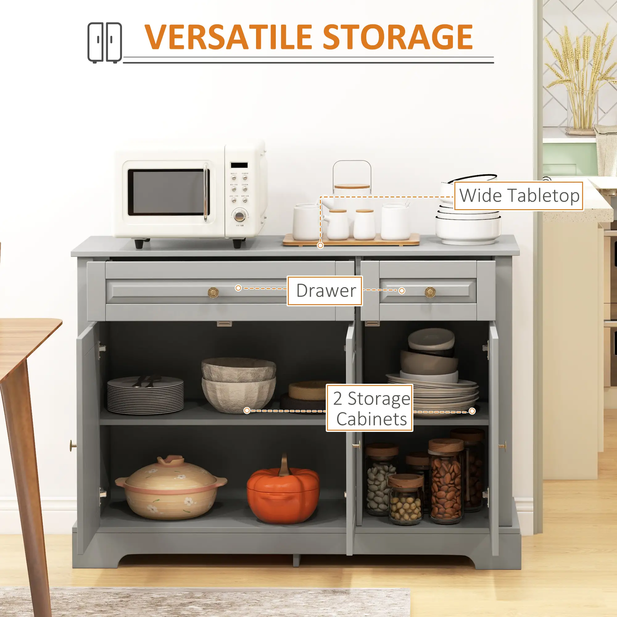 Modern Sideboard Cabinet, 2 Drawers, Adjustable Shelves, Dining Room, Grey - Image 4