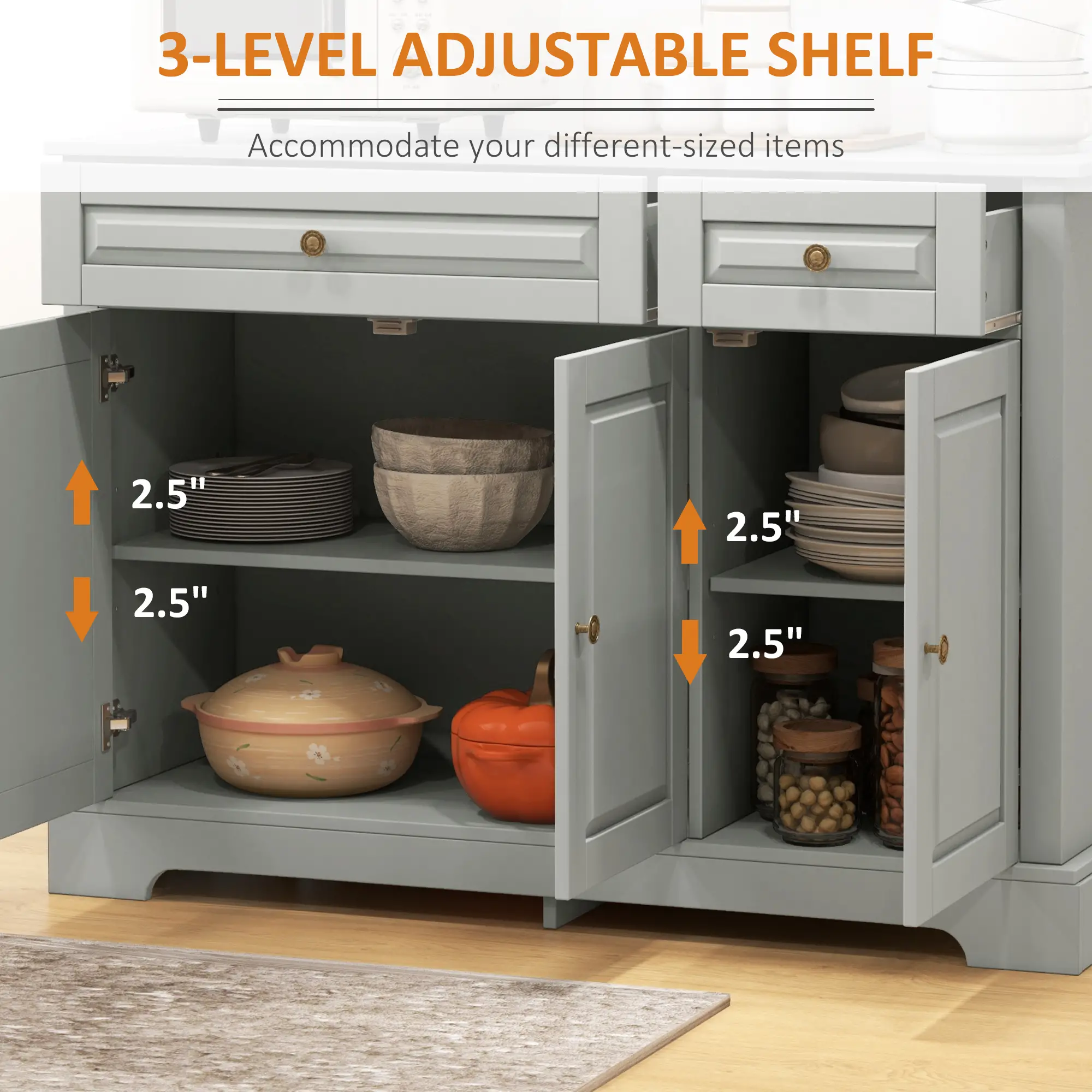 Modern Sideboard Cabinet, 2 Drawers, Adjustable Shelves, Dining Room, Grey - Image 5