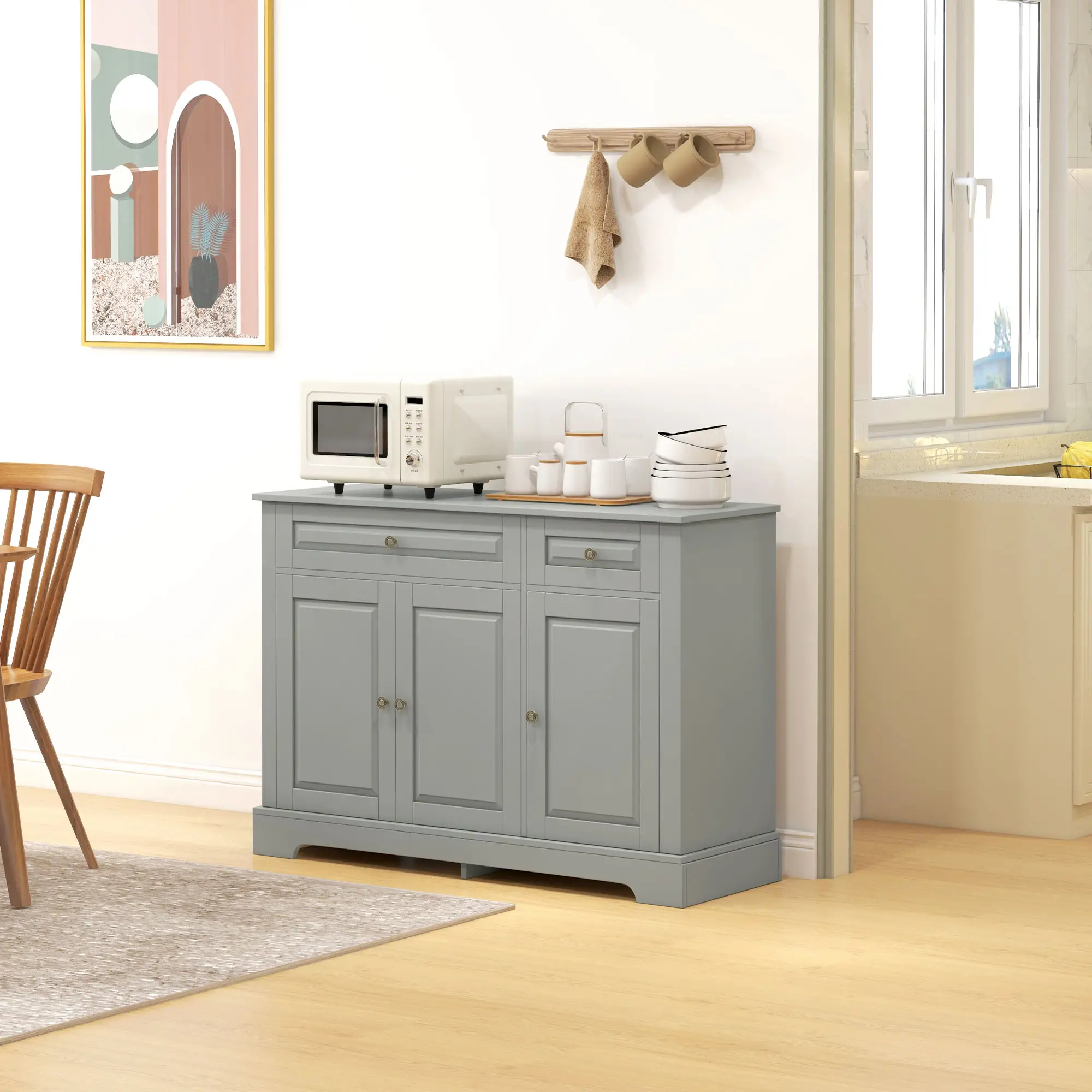 Modern Sideboard Cabinet, 2 Drawers, Adjustable Shelves, Dining Room, Grey - Image 8