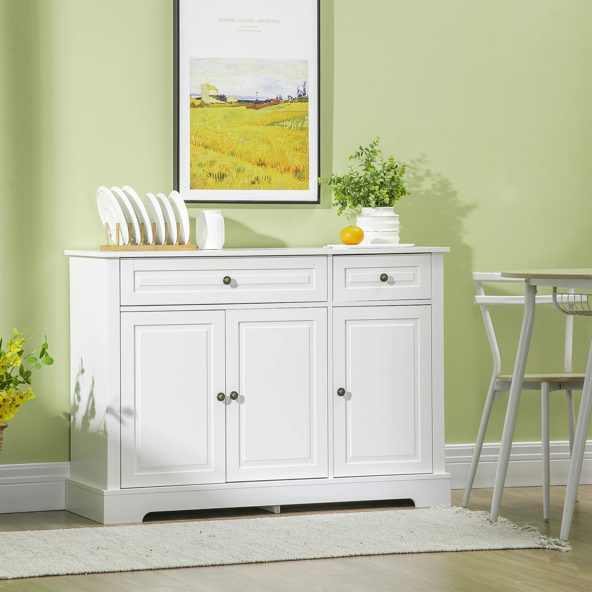 Modern Sideboard Cabinet, 2 Drawers, Adjustable Shelves, White - Image 2