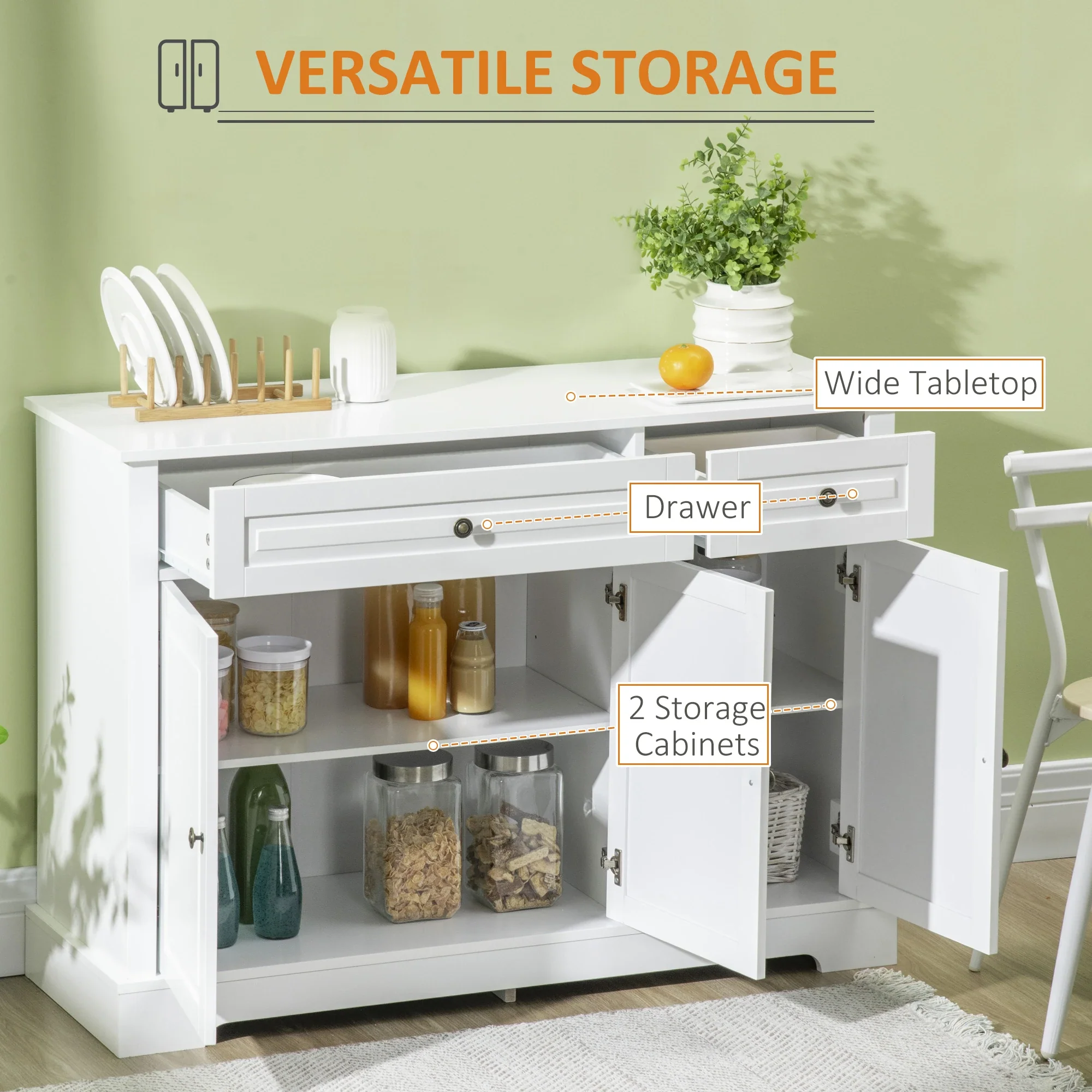 Modern Sideboard Cabinet, 2 Drawers, Adjustable Shelves, White - Image 4