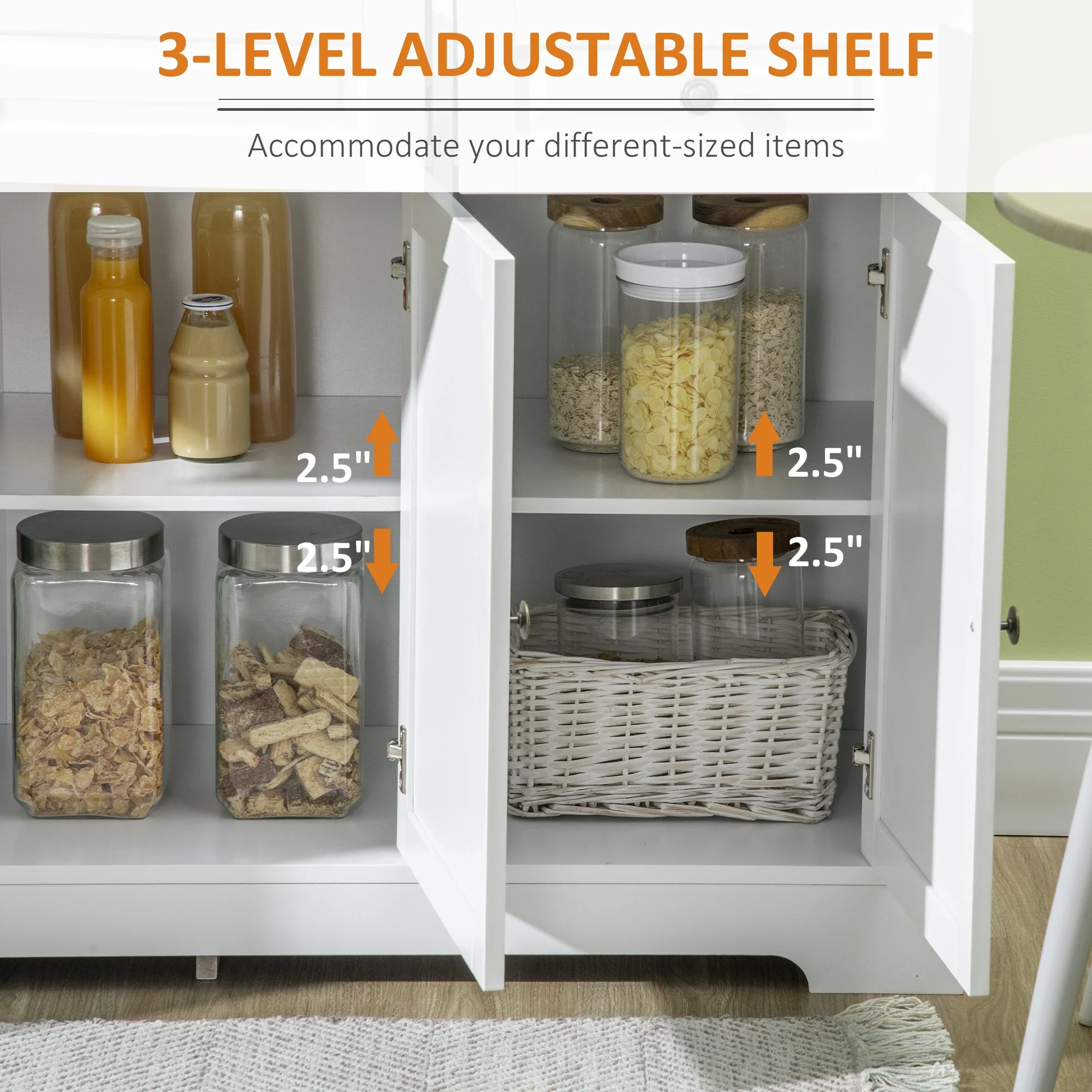 Modern Sideboard Cabinet, 2 Drawers, Adjustable Shelves, White - Image 5