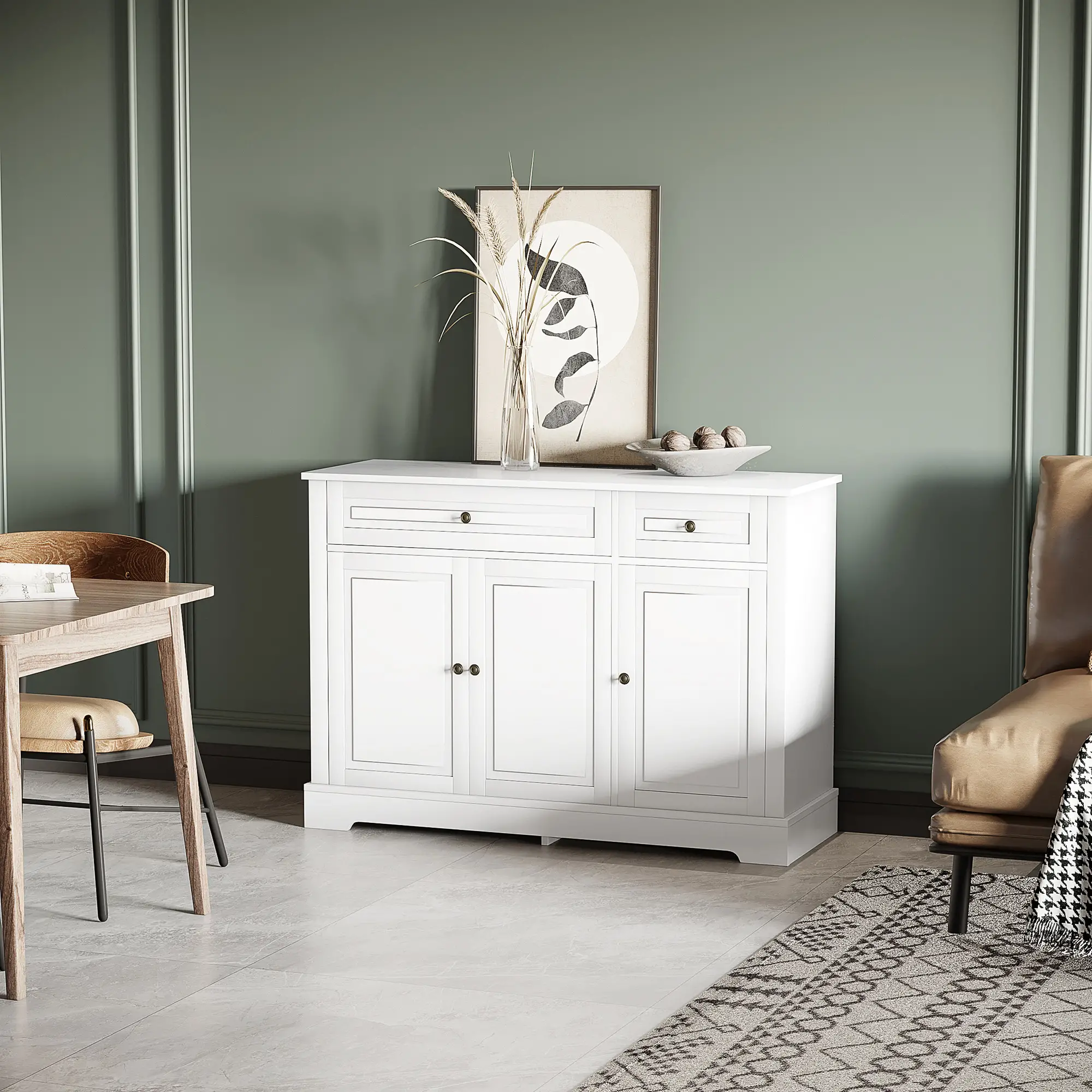 Modern Sideboard Cabinet, 2 Drawers, Adjustable Shelves, White - Image 8