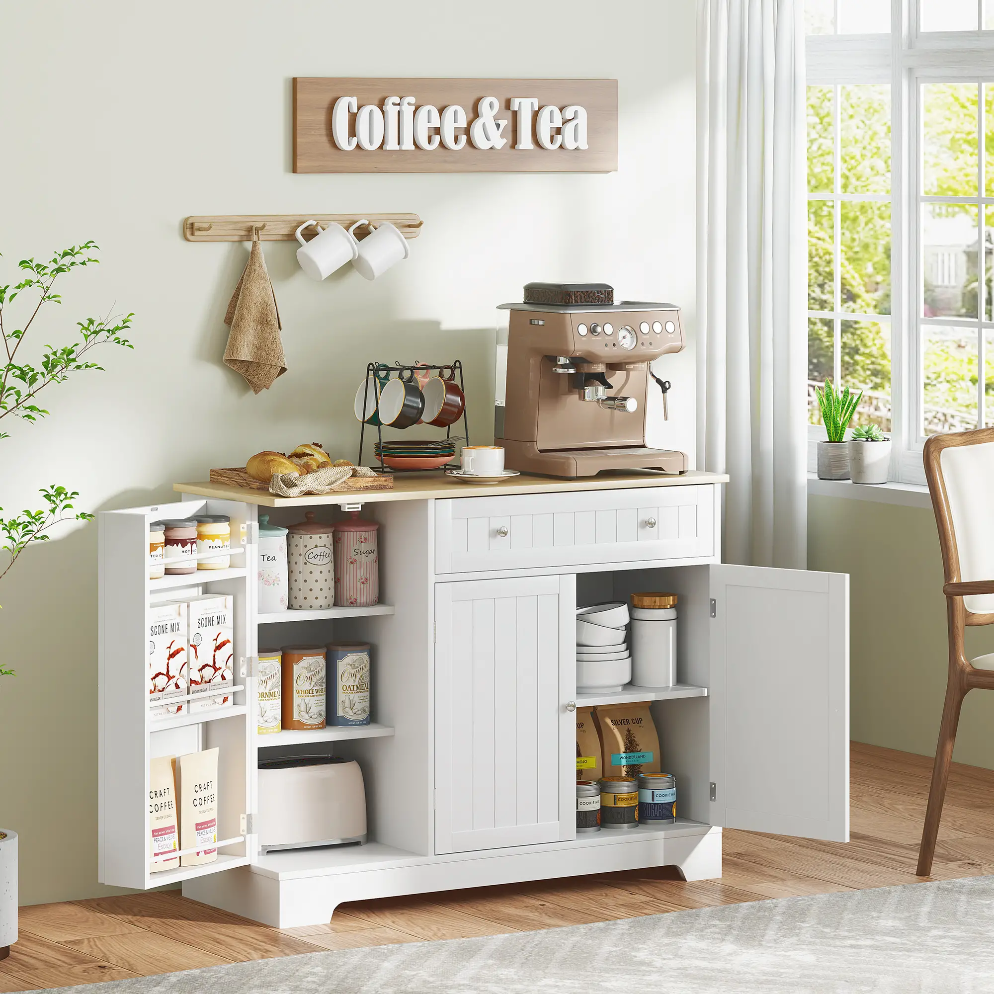 Modern Sideboard Cabinet, 41" Kitchen Buffet with Drawer, Adjustable Shelf, White - Image 2