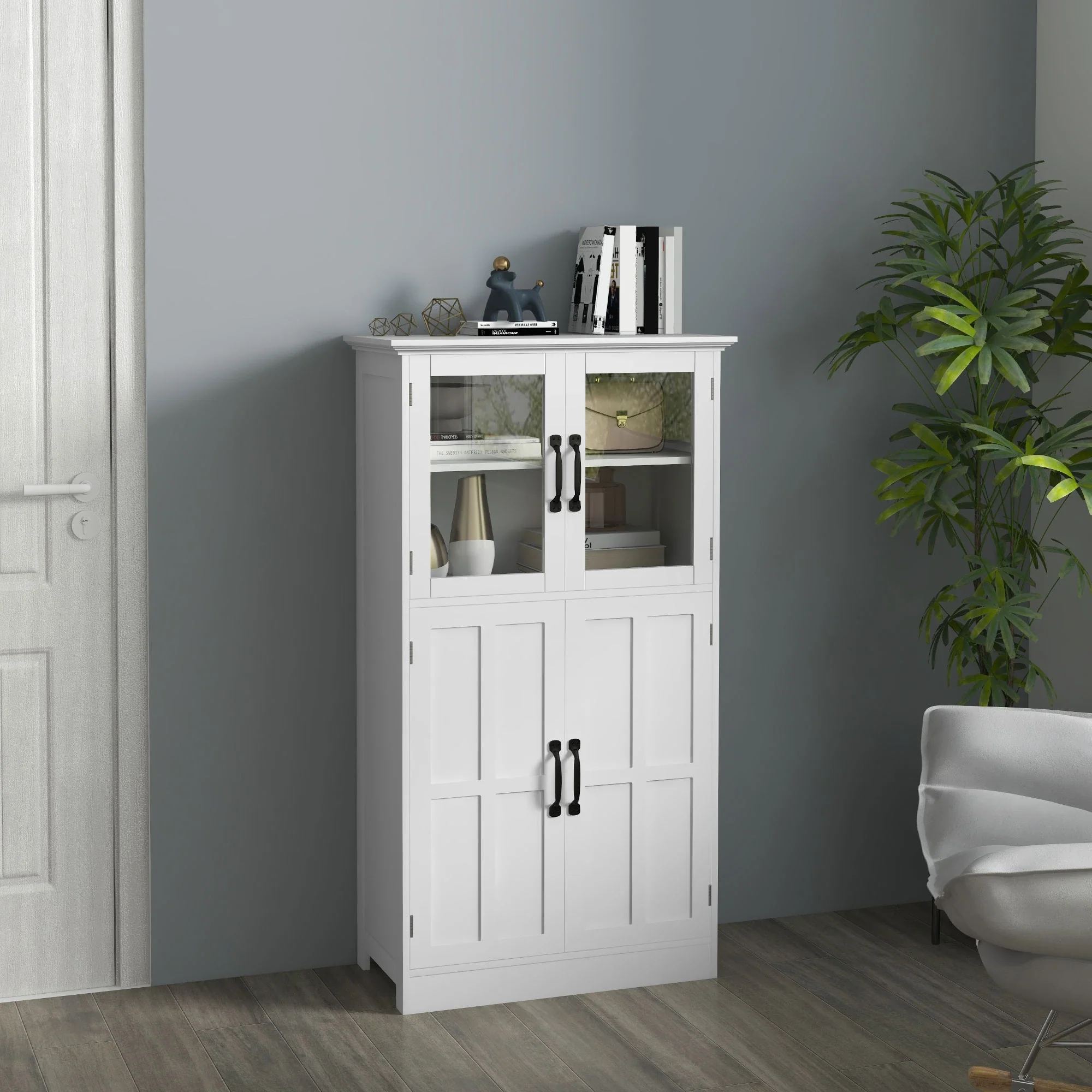 Modern Sideboard Cabinet, Glass Doors, 4-Tier Shelving, Adjustable Shelves - Image 2