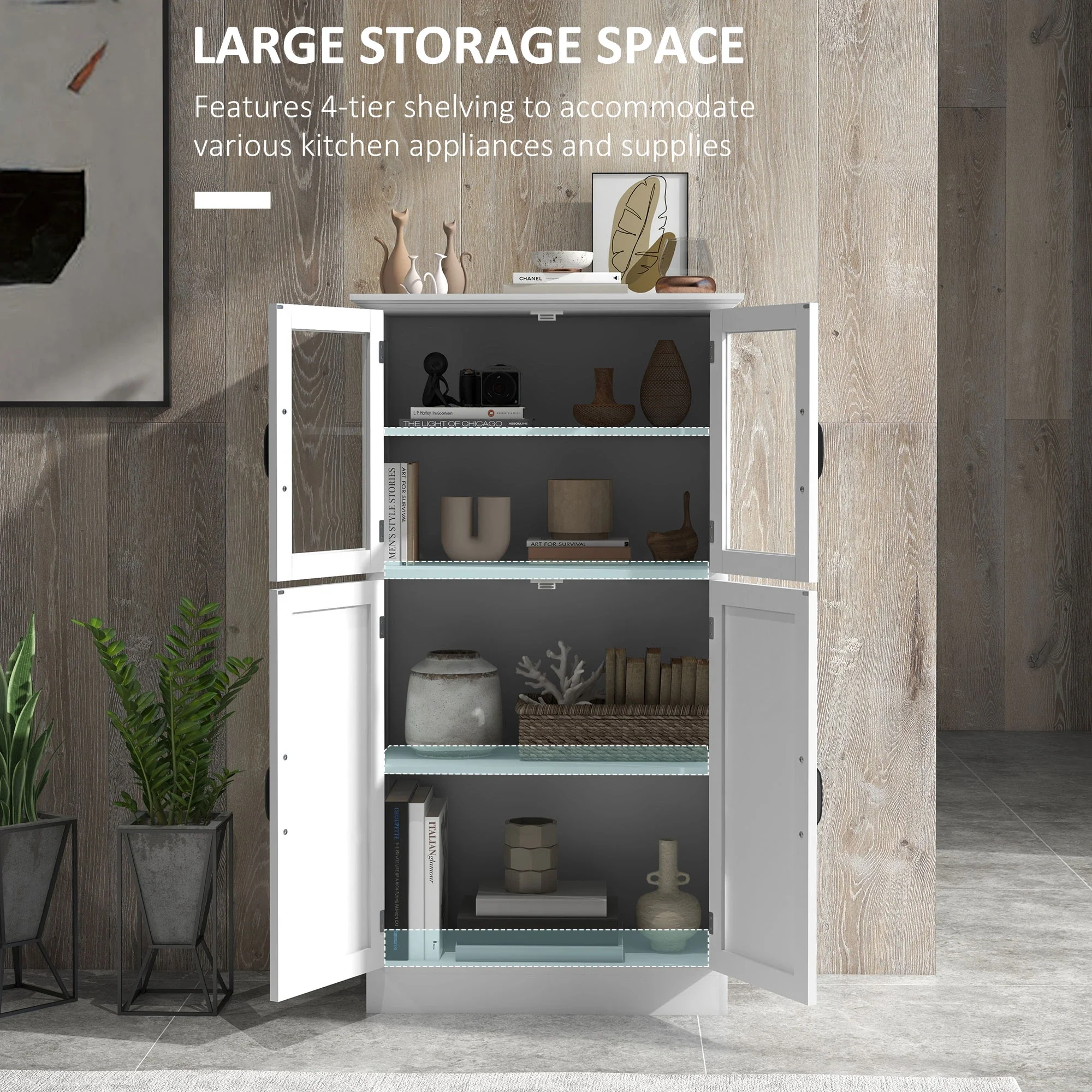 Modern Sideboard Cabinet, Glass Doors, 4-Tier Shelving, Adjustable Shelves - Image 4