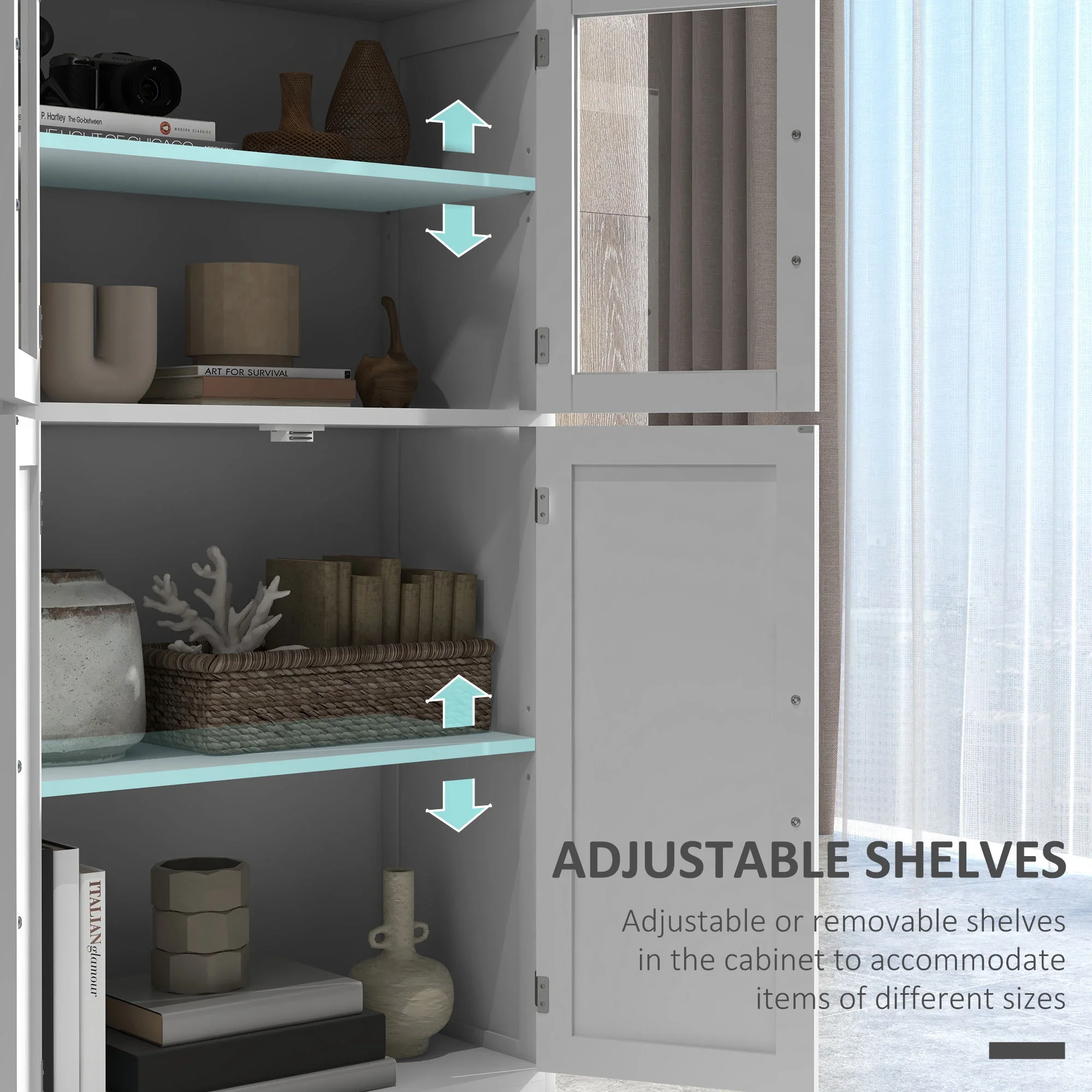 Modern Sideboard Cabinet, Glass Doors, 4-Tier Shelving, Adjustable Shelves - Image 5