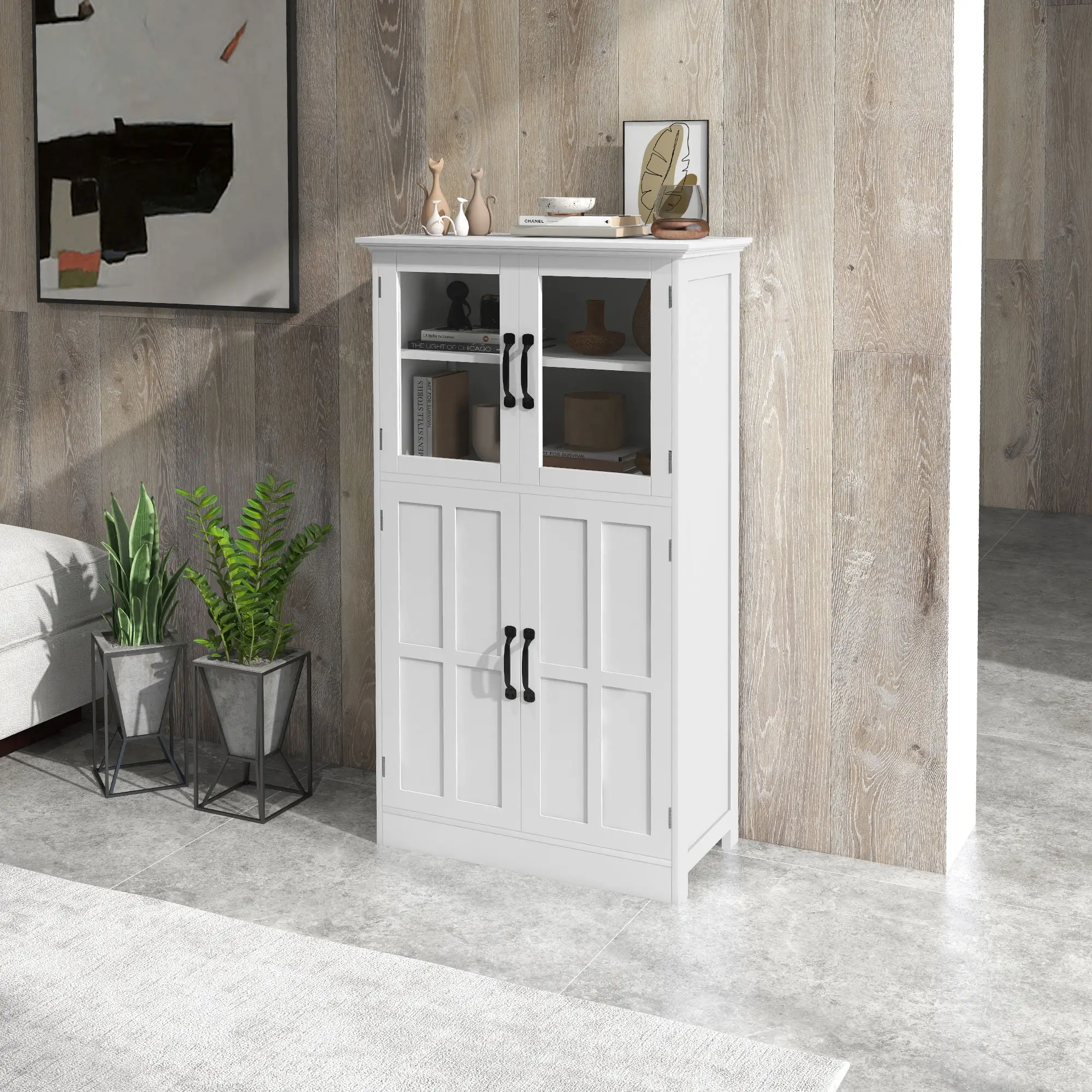 Modern Sideboard Cabinet, Glass Doors, 4-Tier Shelving, Adjustable Shelves - Image 8