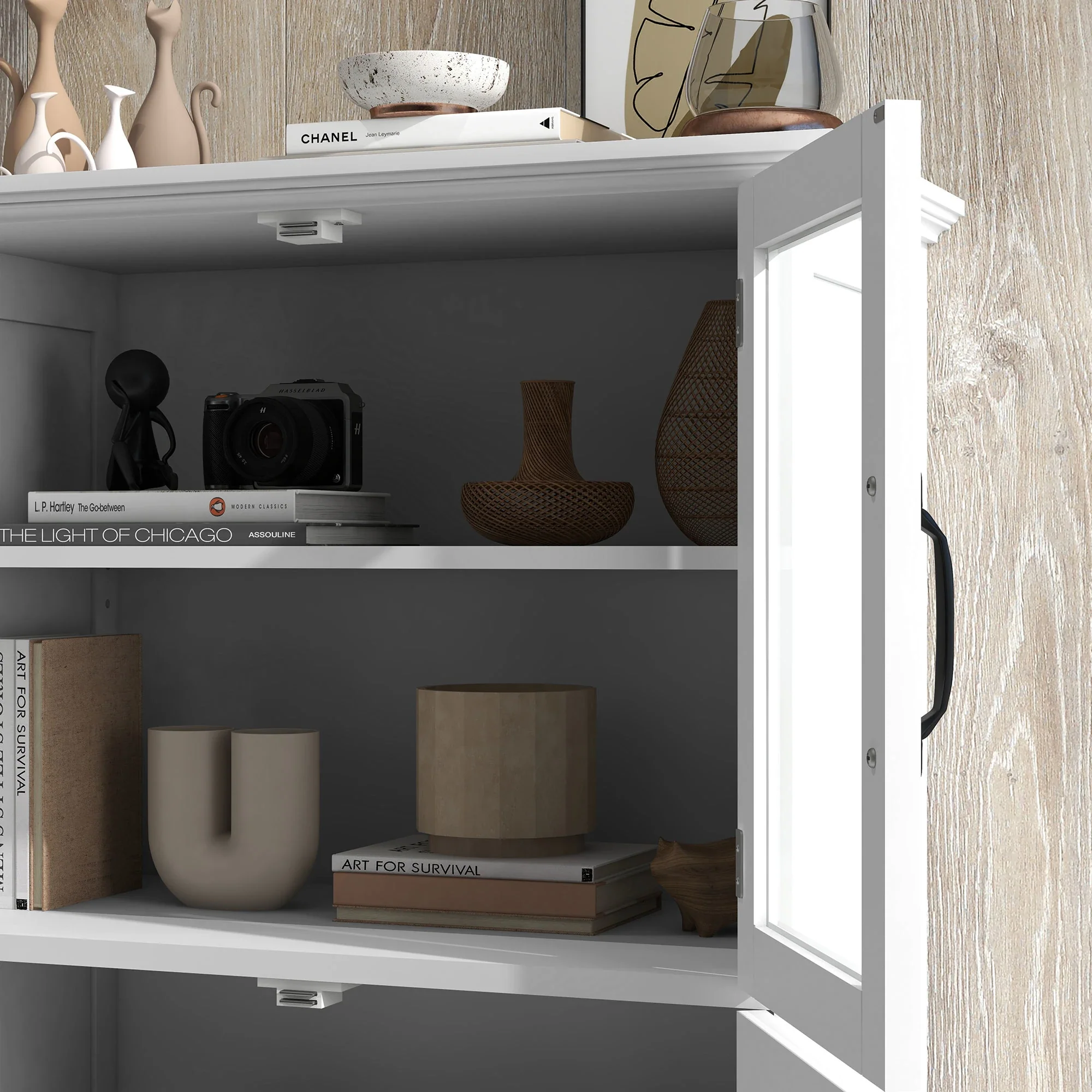 Modern Sideboard Cabinet, Glass Doors, 4-Tier Shelving, Adjustable Shelves - Image 9